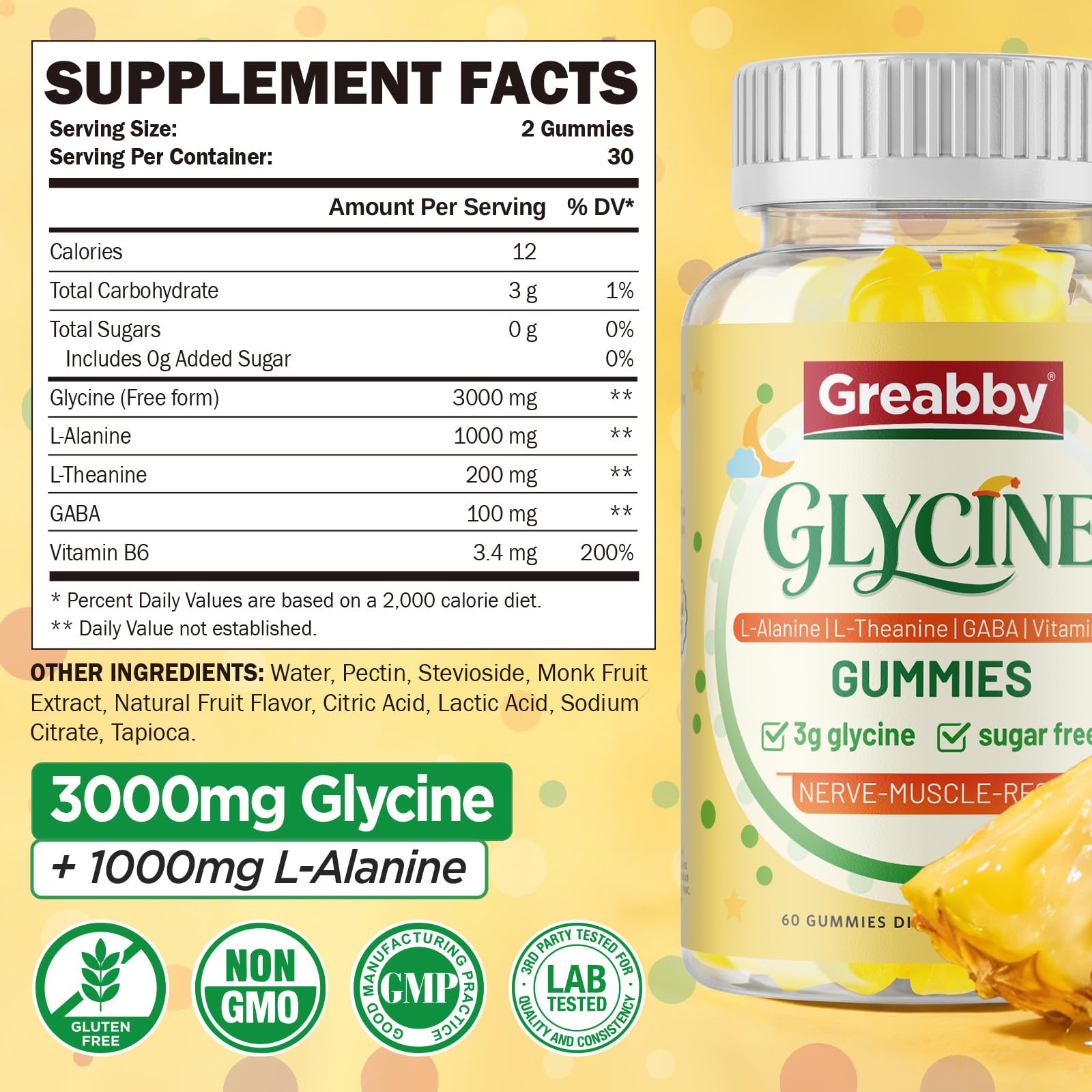 GREABBY Glycine 3g Gummies with fresh pineapple