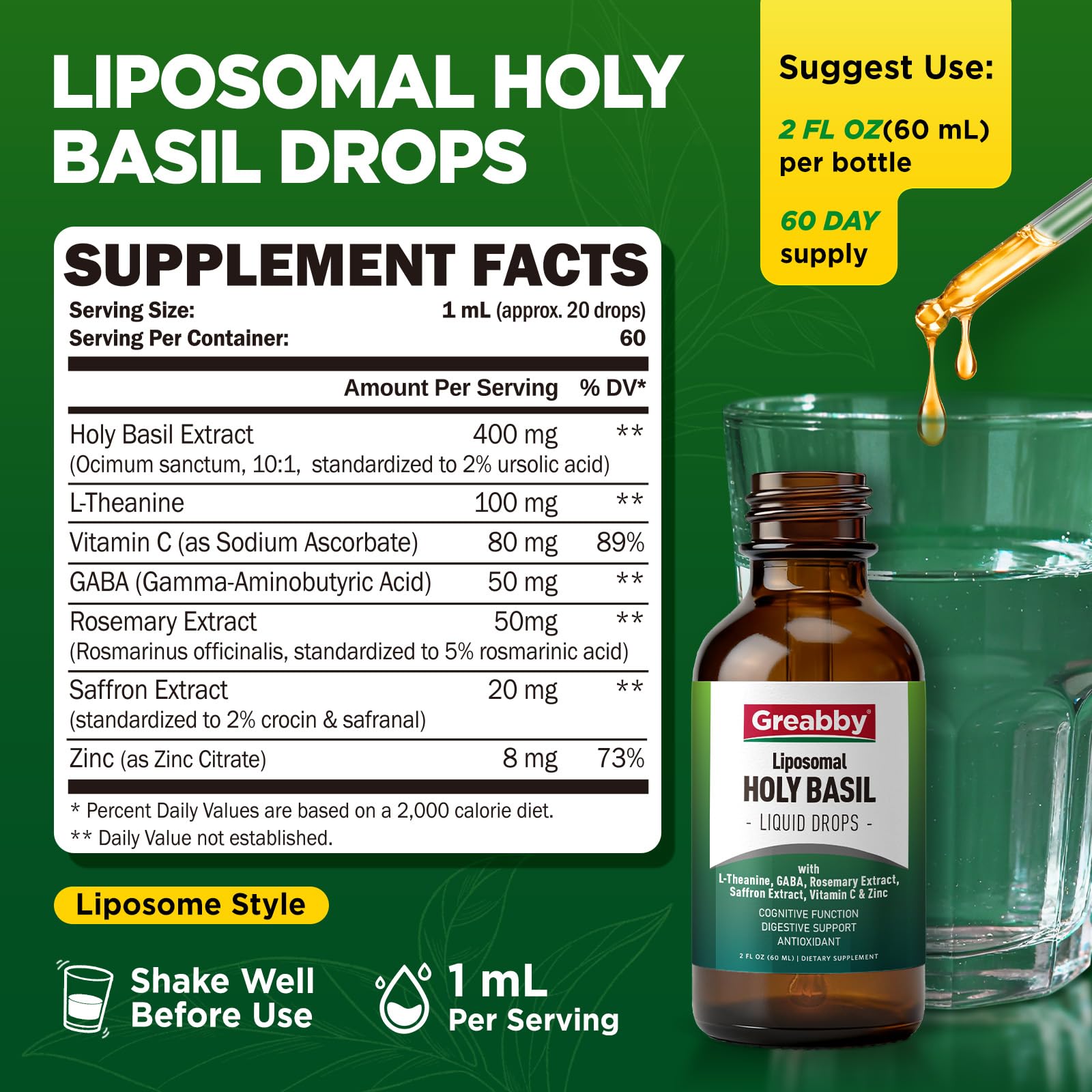 GREABBY Holy Basil Drops 150g bottle side view