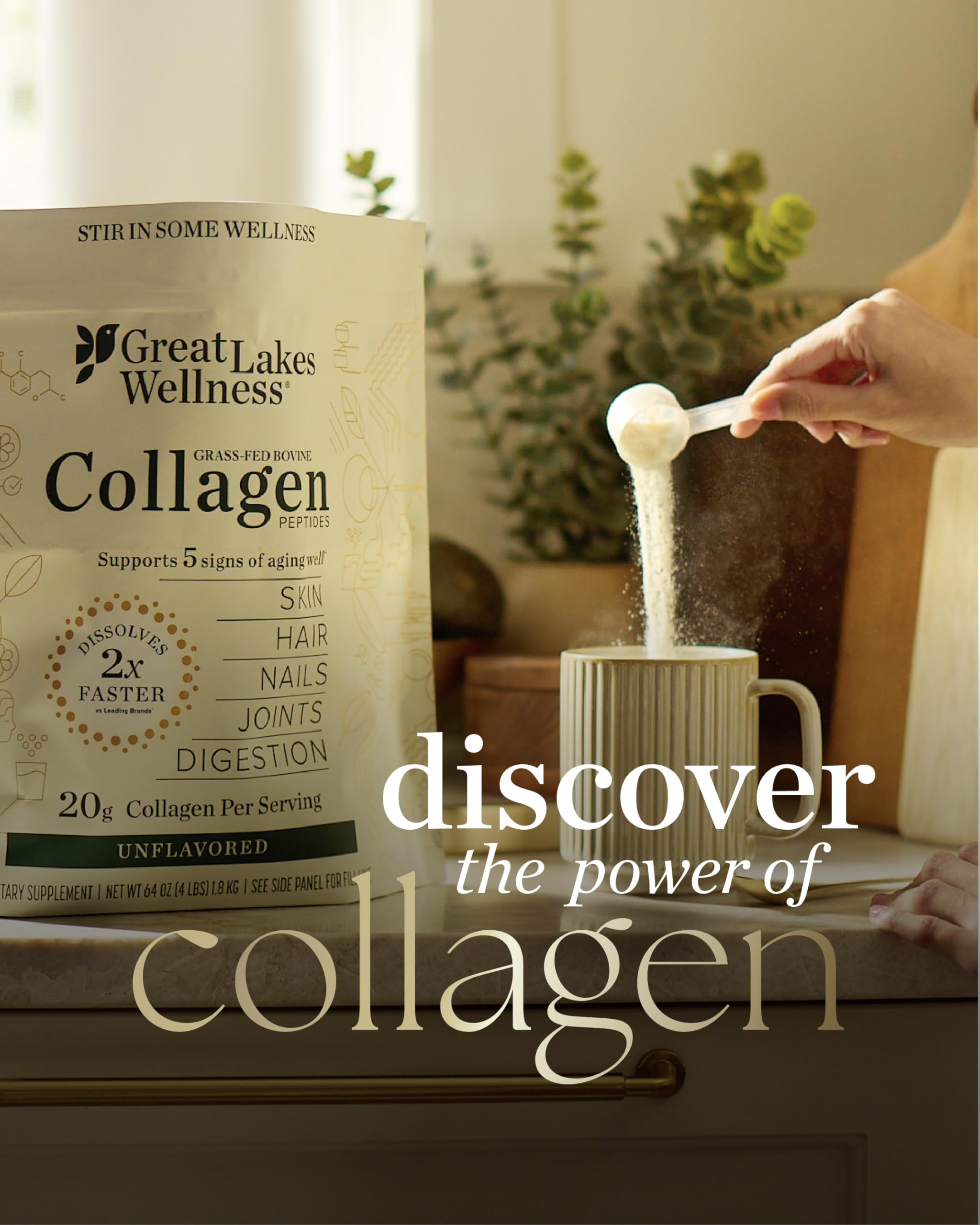 Great Lakes Wellness Collagen Peptides Powder 907g container with scoop