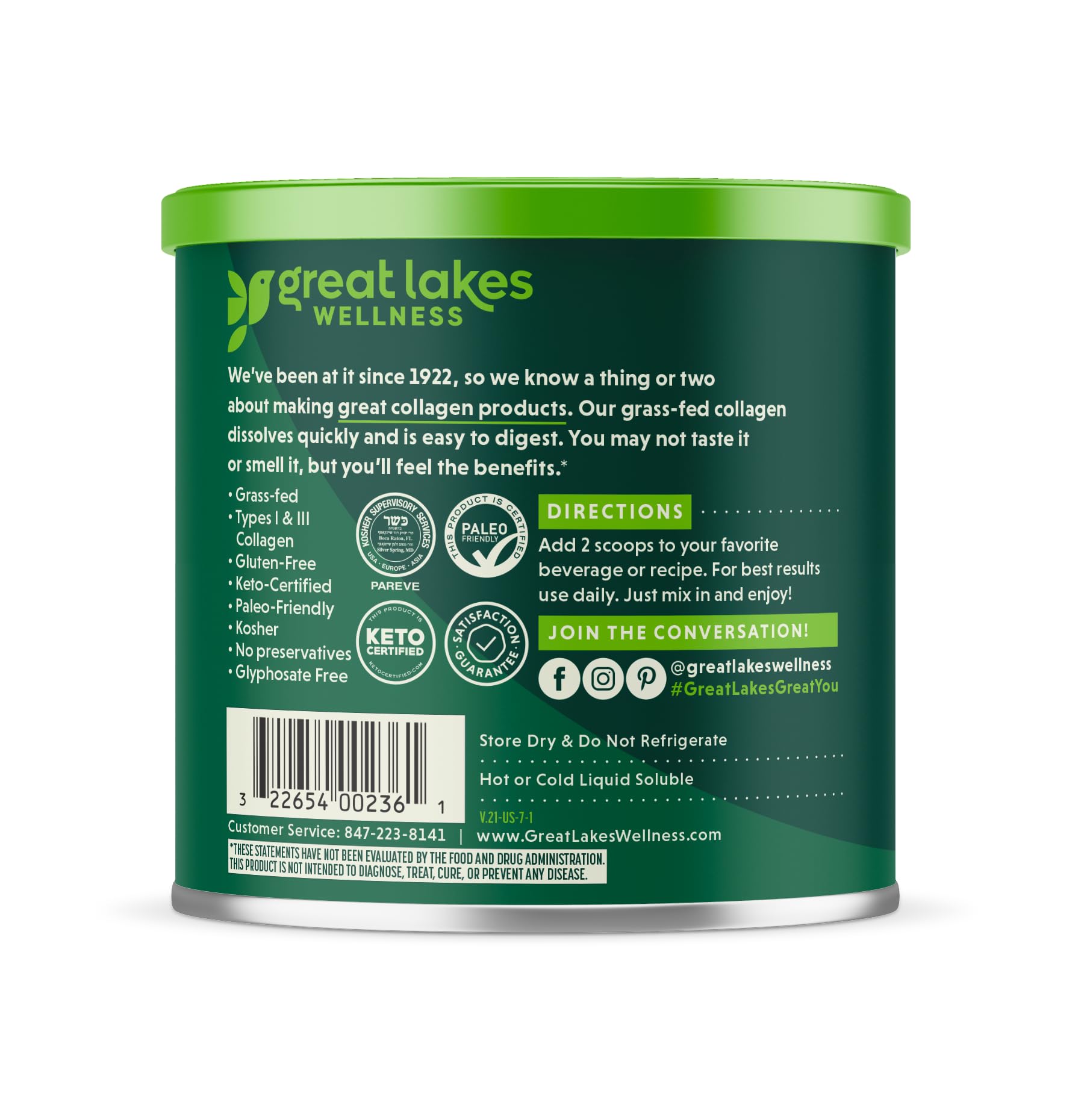 Great Lakes Wellness Collagen Peptides Powder in a glass of water