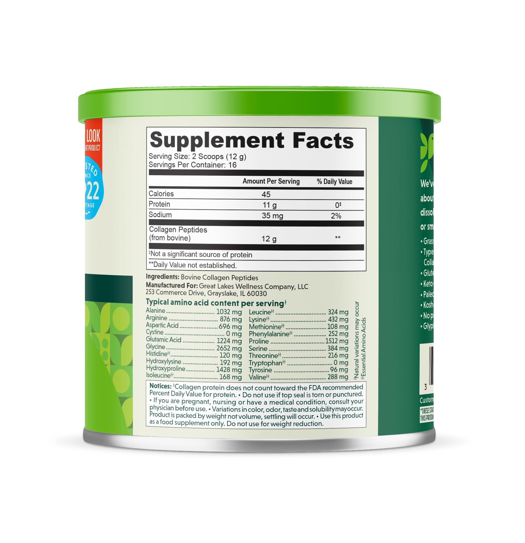 Great Lakes Wellness Collagen Peptides Powder packaging