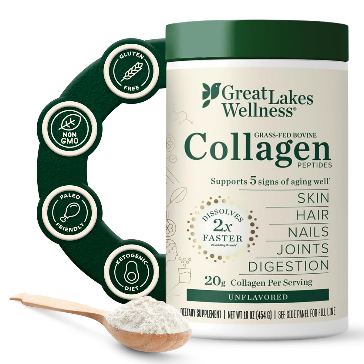 Great Lakes Wellness Collagen Powder 454g front view