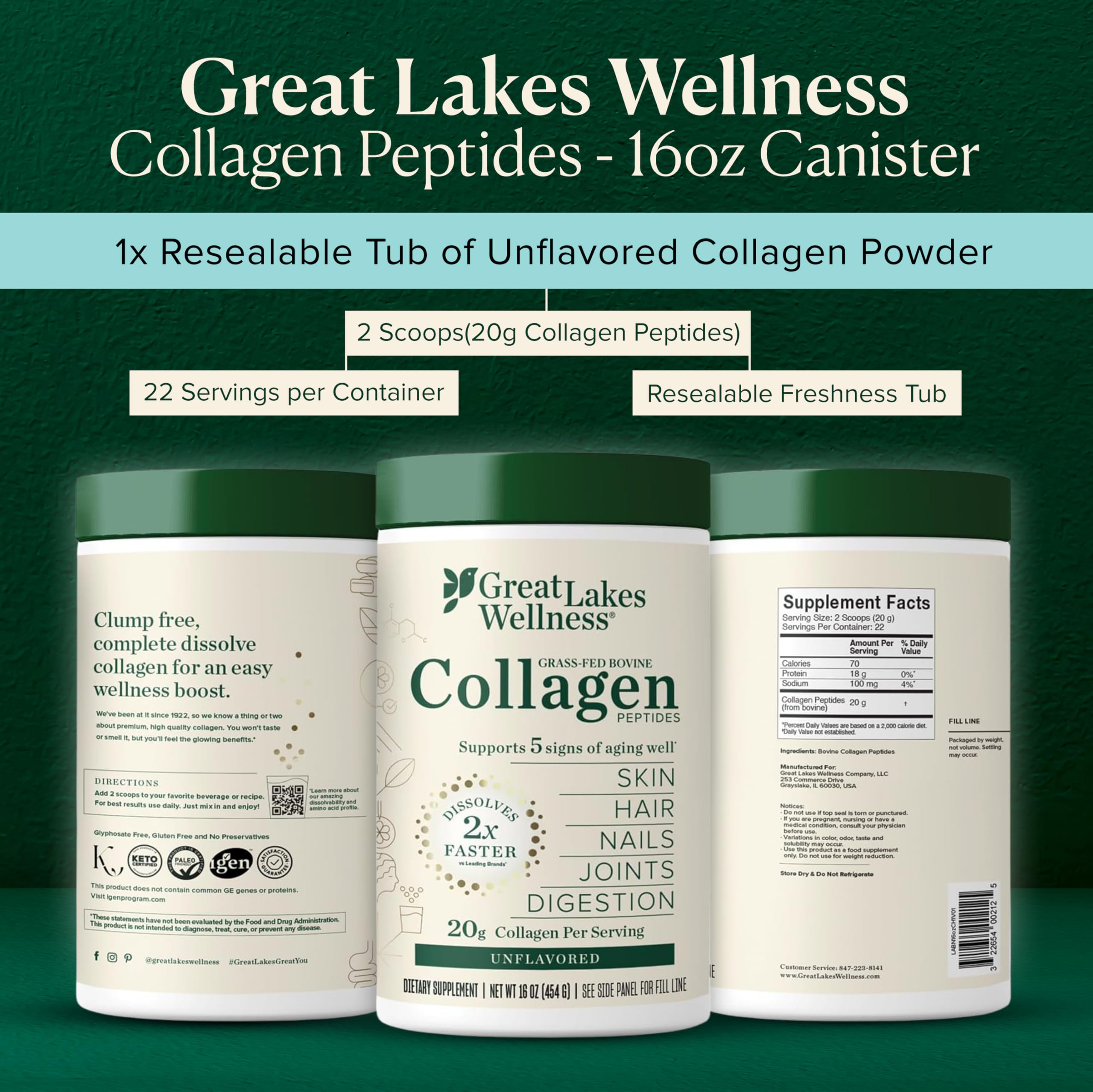 Great Lakes Wellness Collagen Powder 454g packaging