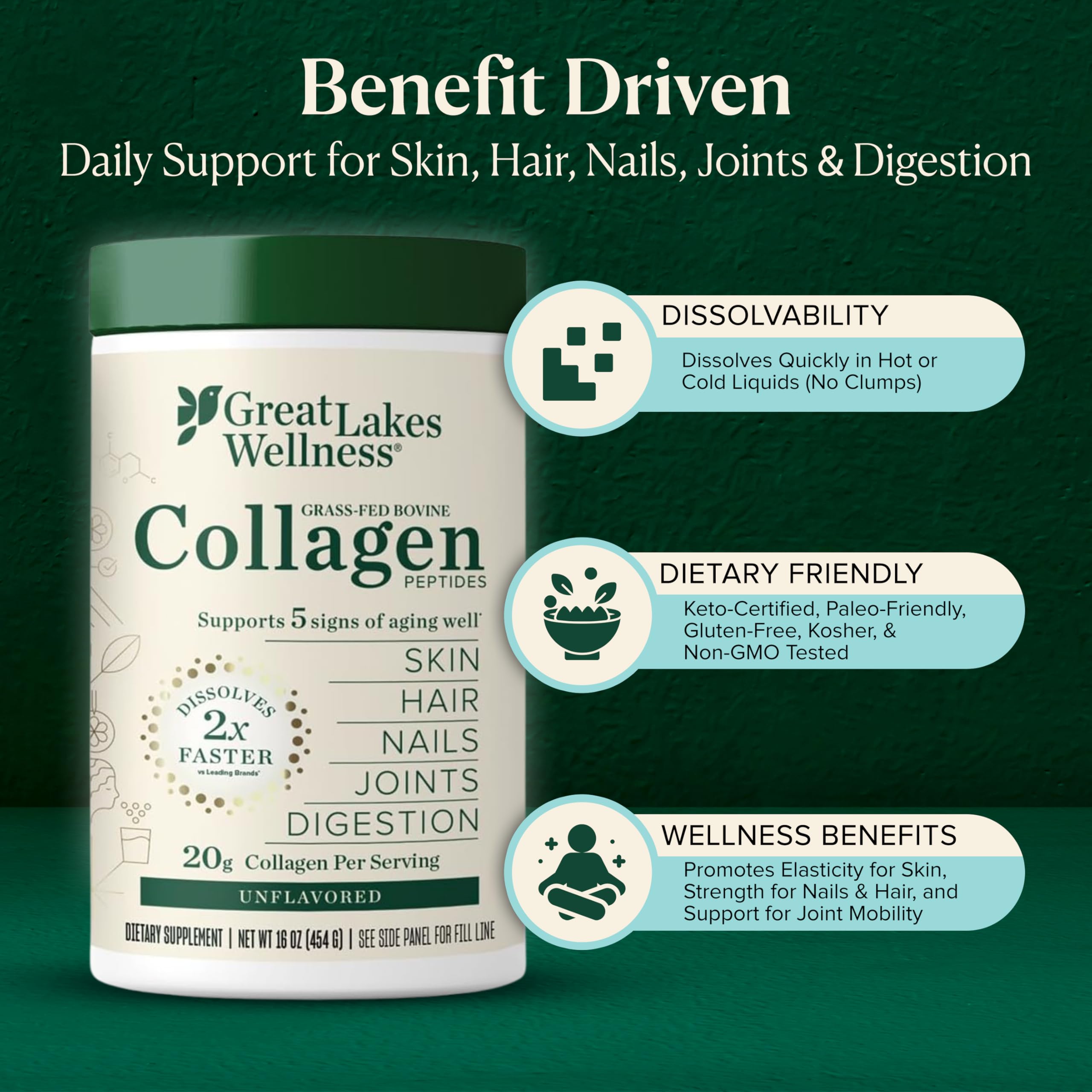 Great Lakes Wellness Collagen Powder 454g scoop
