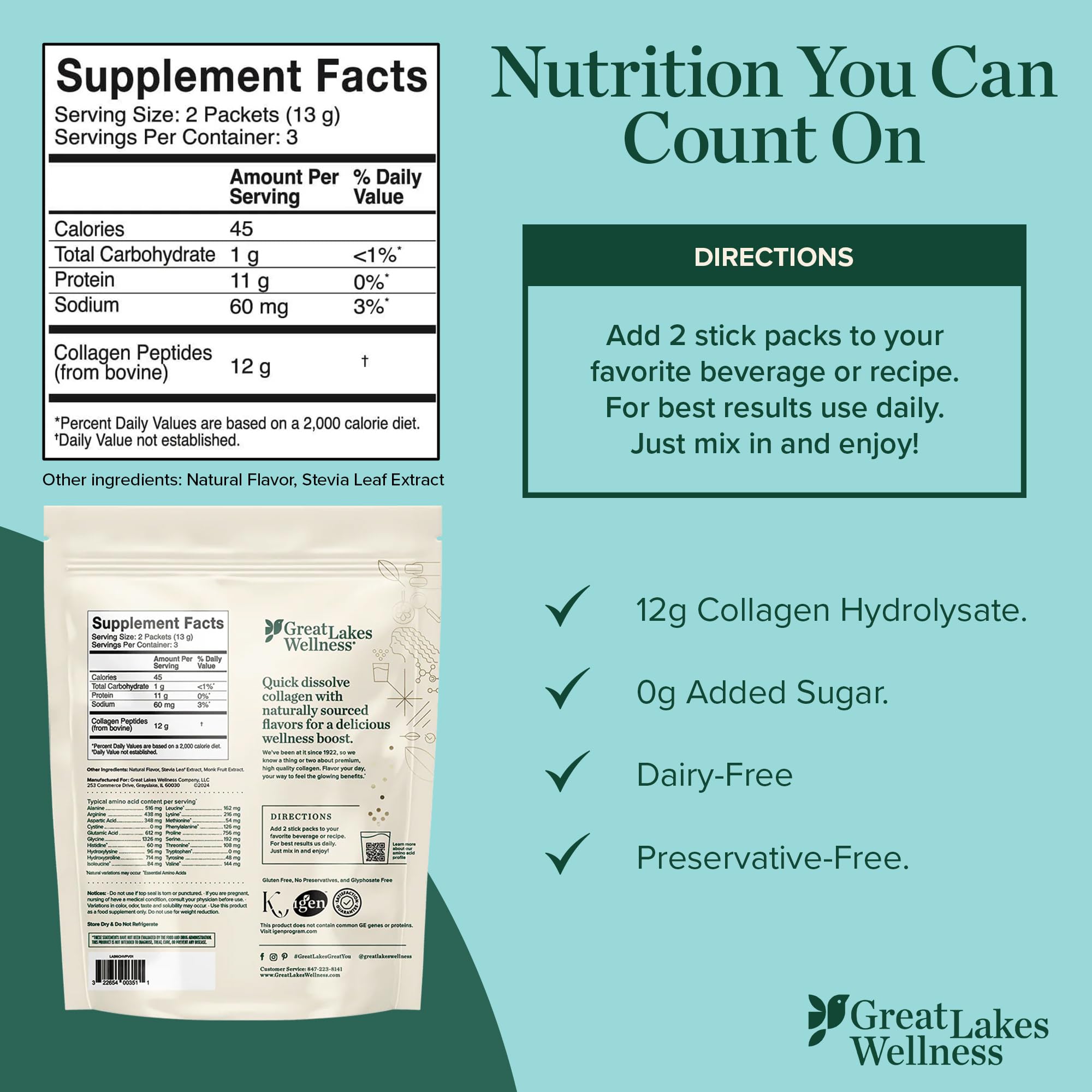 Great Lakes Wellness Flavoured Collagen Peptides Powder on a kitchen counter