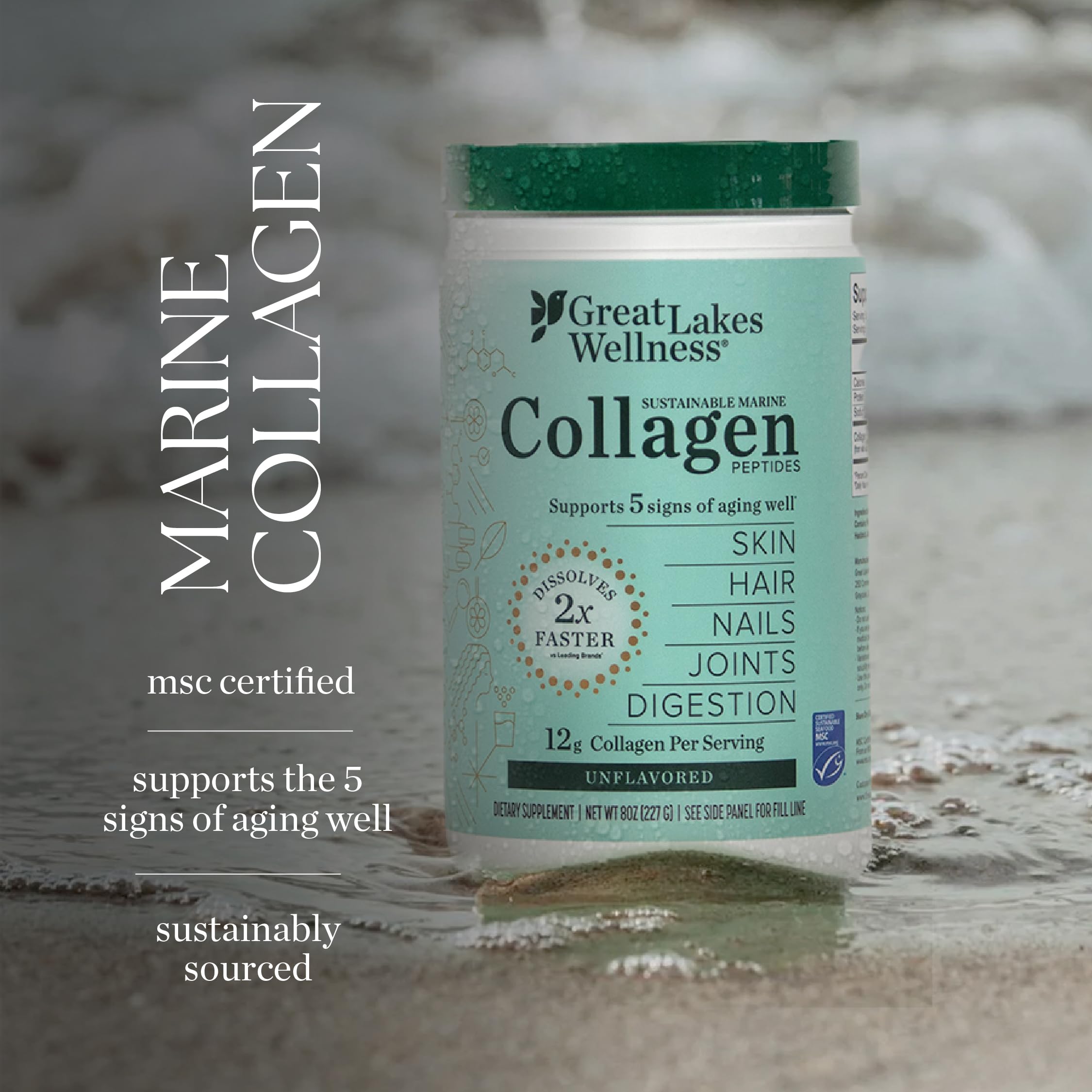 Great Lakes Wellness Marine Collagen Powder in a glass of water