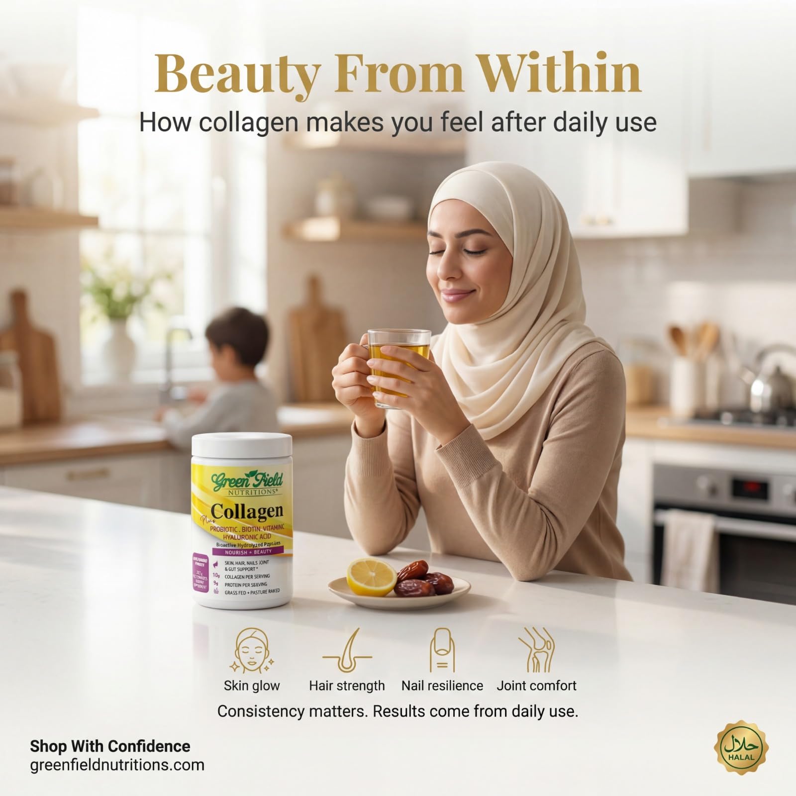 GREEN FIELD NUTRITIONS Halal Collagen Powder with Vitamin C label