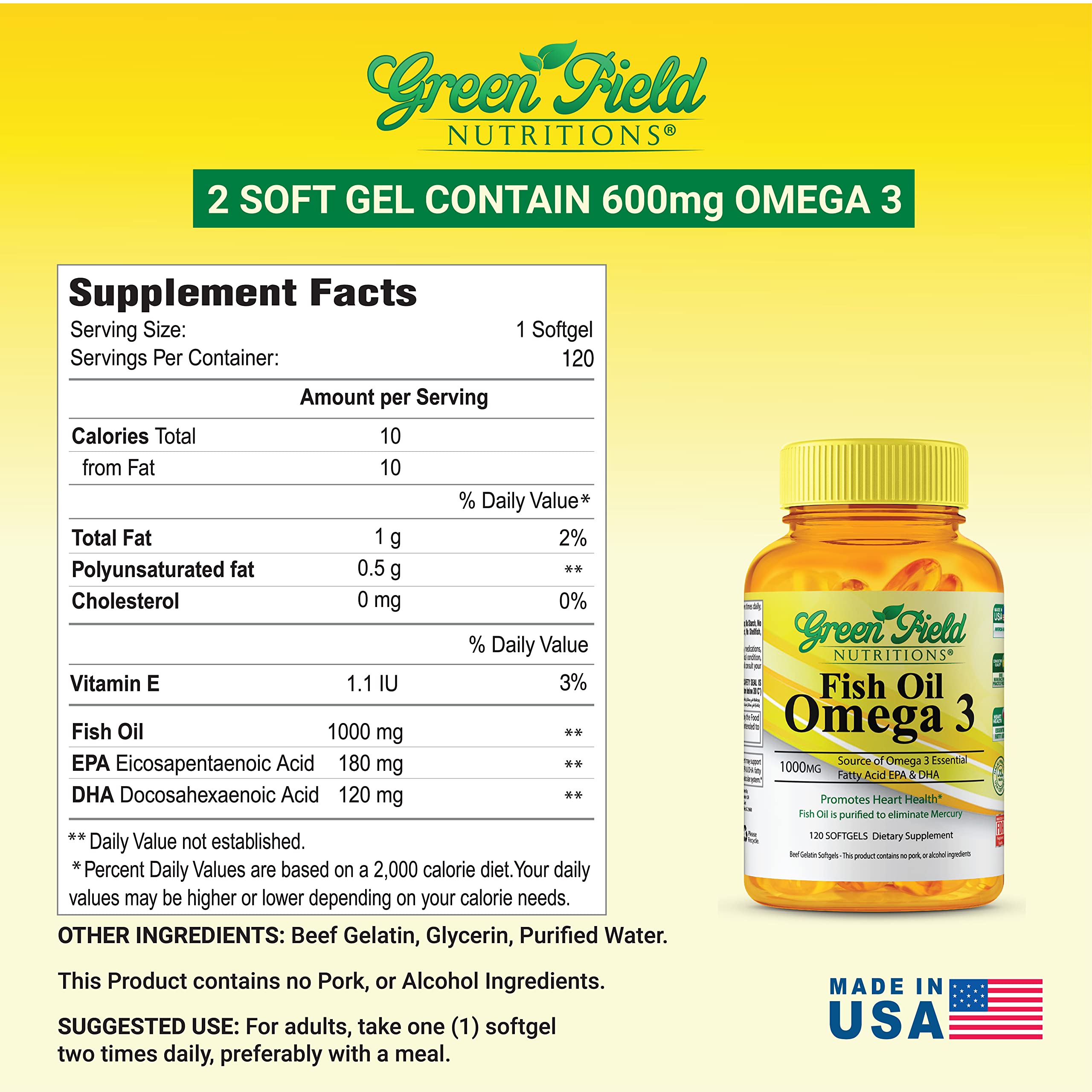 GREEN FIELD NUTRITIONS Halal Omega-3 Fish Oil 600mg softgels bottle with label