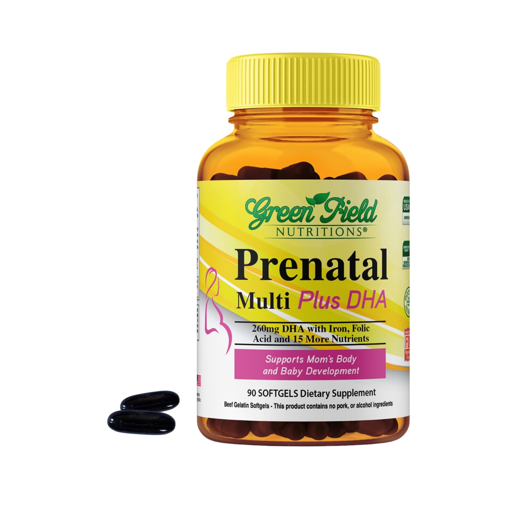 GREEN FIELD NUTRITIONS Halal Prenatal Vitamins 90 softgels front view