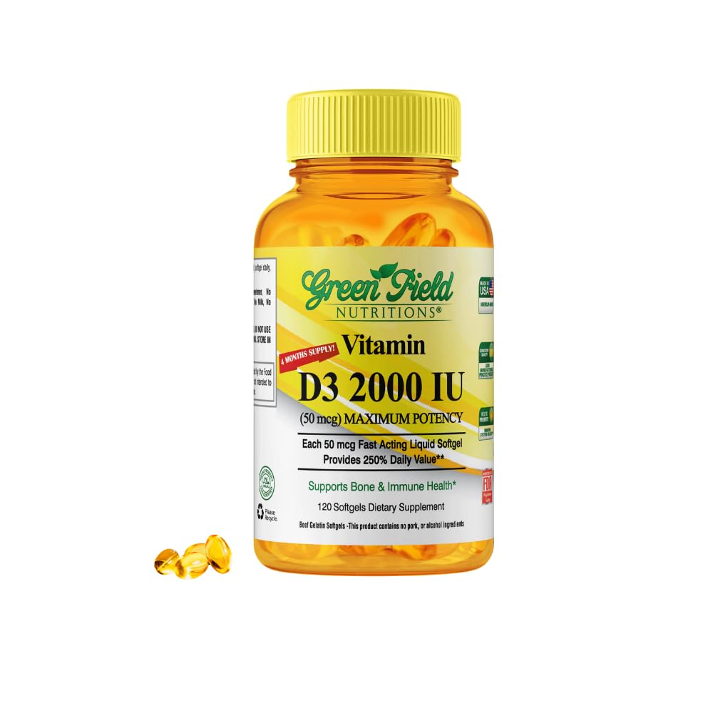 GREEN FIELD NUTRITIONS Vitamin D3 2000 IU softgels front view