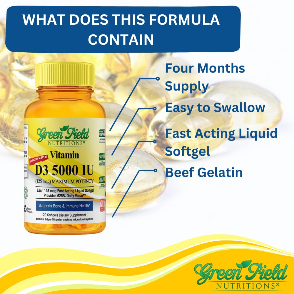 GREEN FIELD NUTRITIONS Vitamin D3 5000 IU Halal Softgels nutritional information