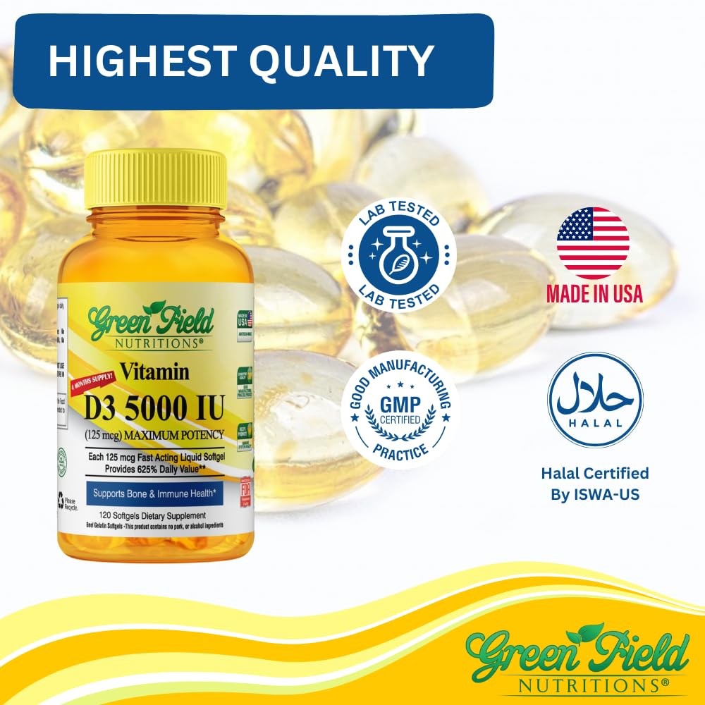 GREEN FIELD NUTRITIONS Vitamin D3 5000 IU Halal Softgels packaging details