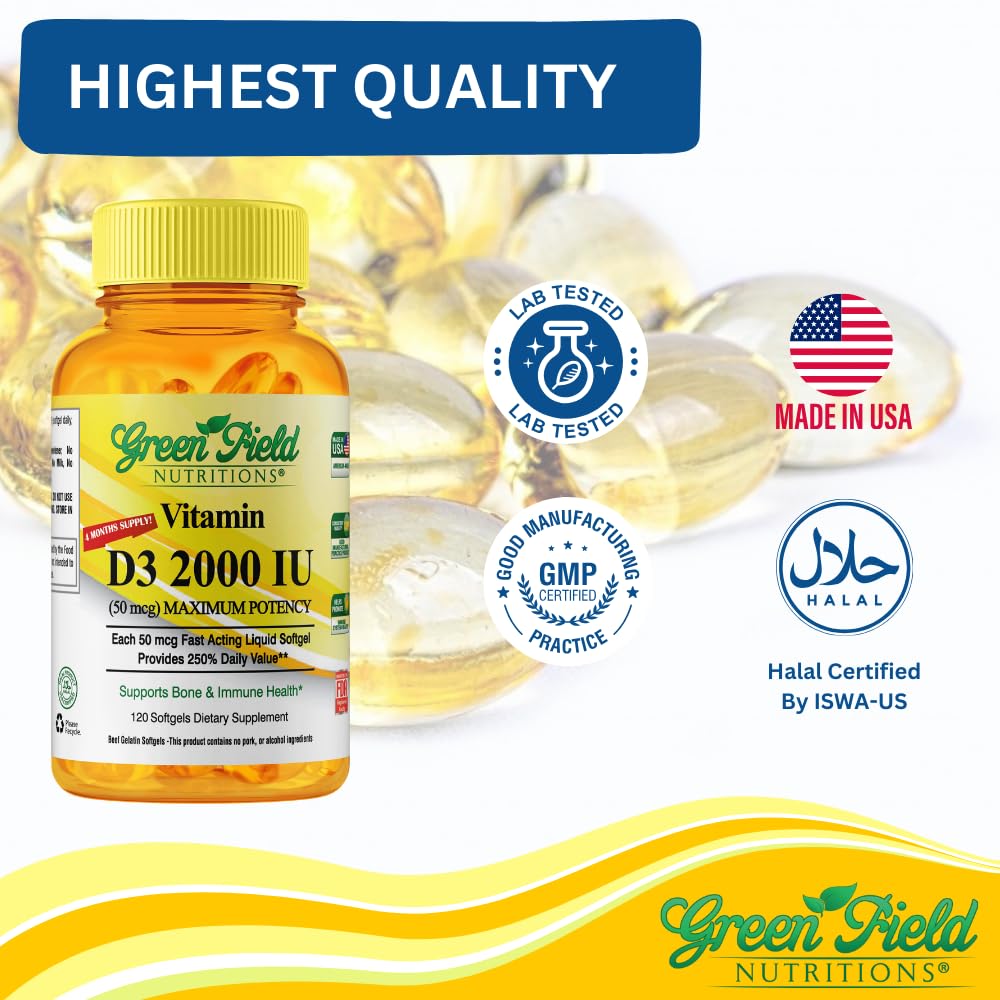 GREEN FIELD NUTRITIONS Vitamin D3 softgels close-up of softgel