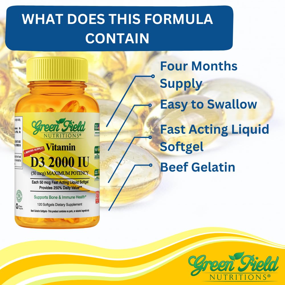 GREEN FIELD NUTRITIONS Vitamin D3 softgels on a wooden table