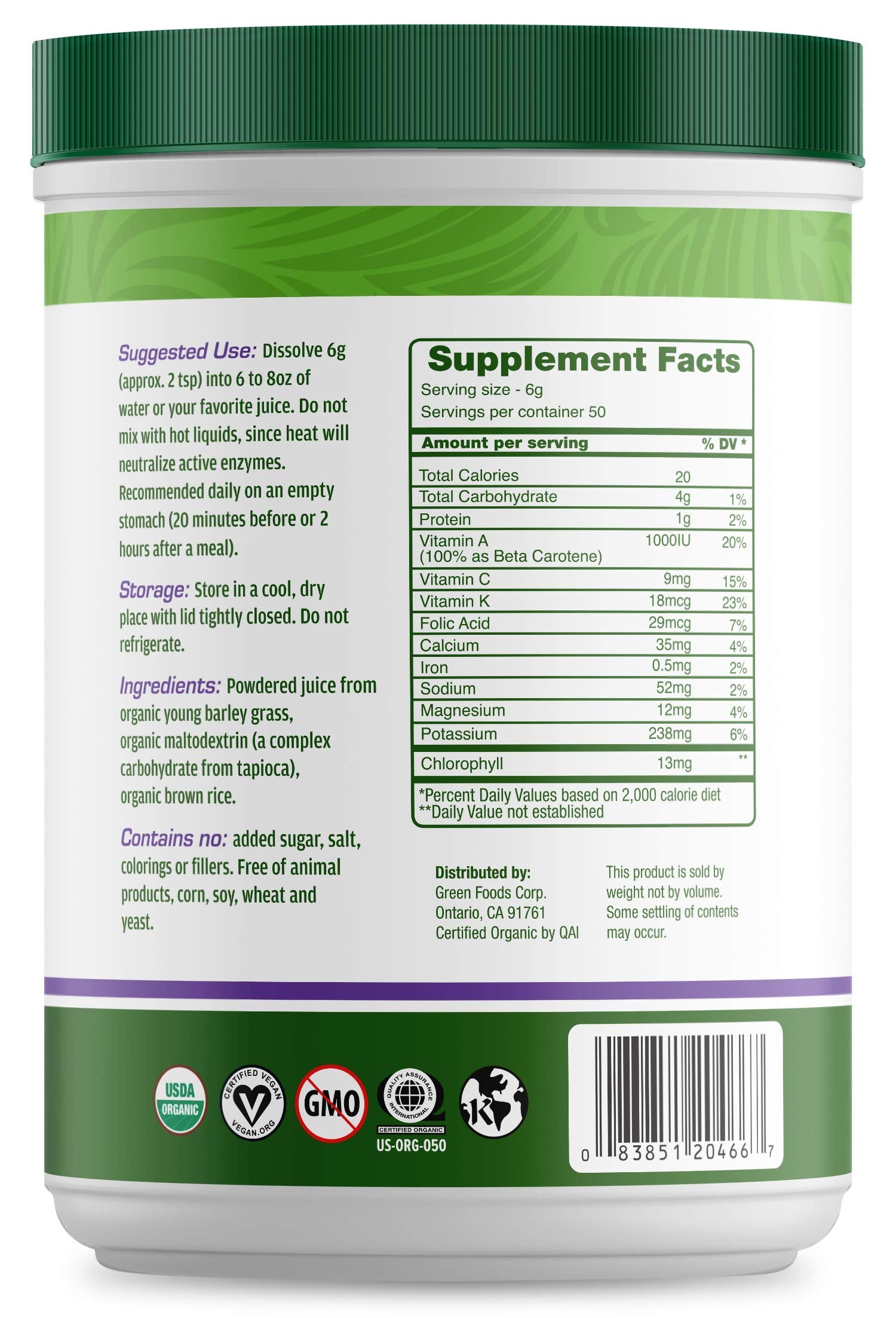 Green Foods Green Magma Organic Barley Grass Powder 358g back view