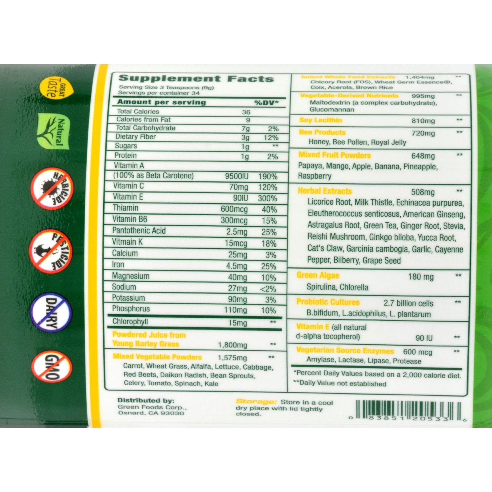 Green Foods Organic Barley Grass Powder 300g back view showing ingredient list
