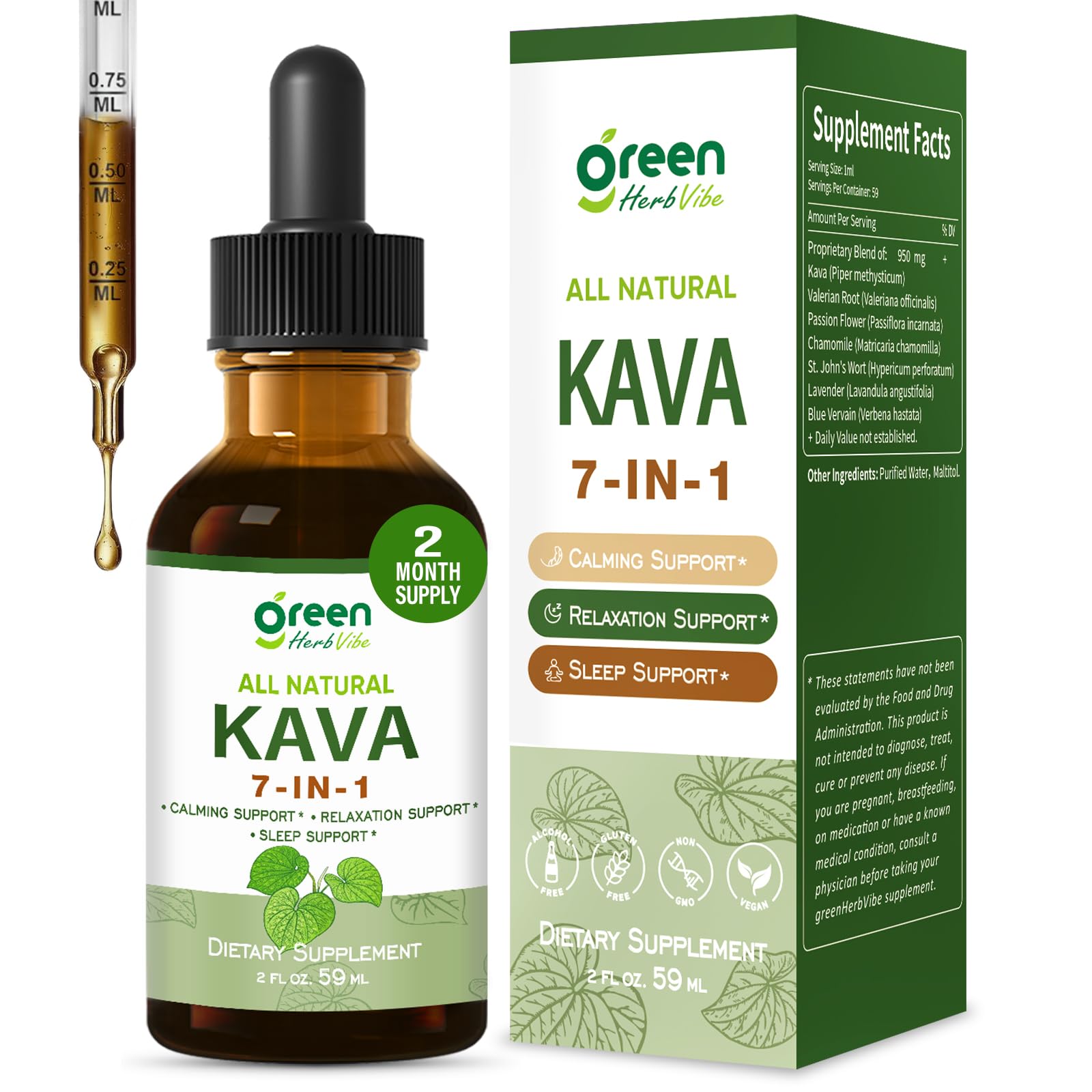 green Herb Vibe Kava Herbal Drops 144g bottle front view