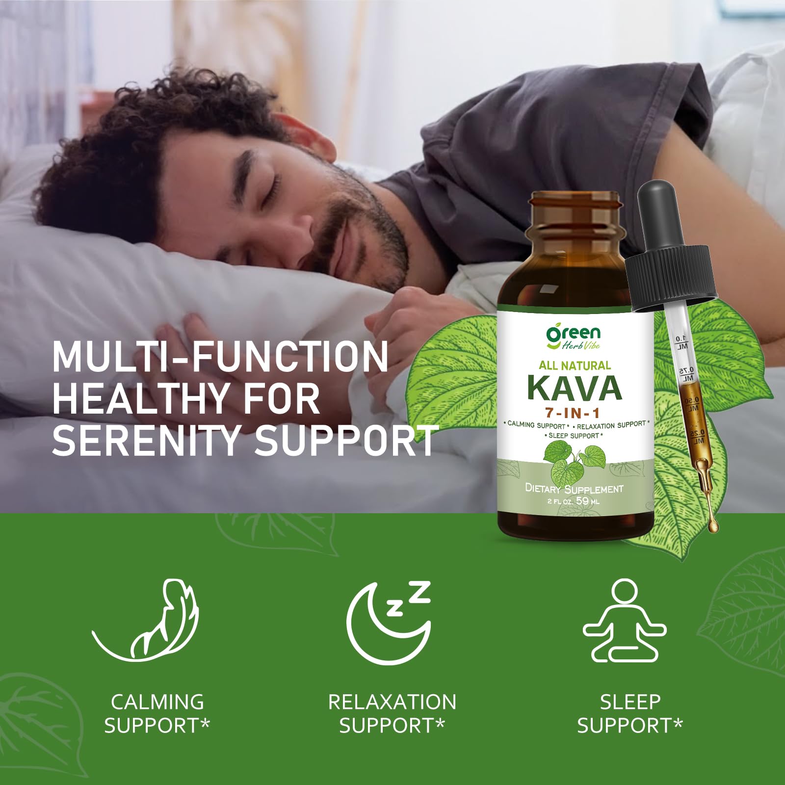 green Herb Vibe Kava Herbal Drops packaging with dimensions