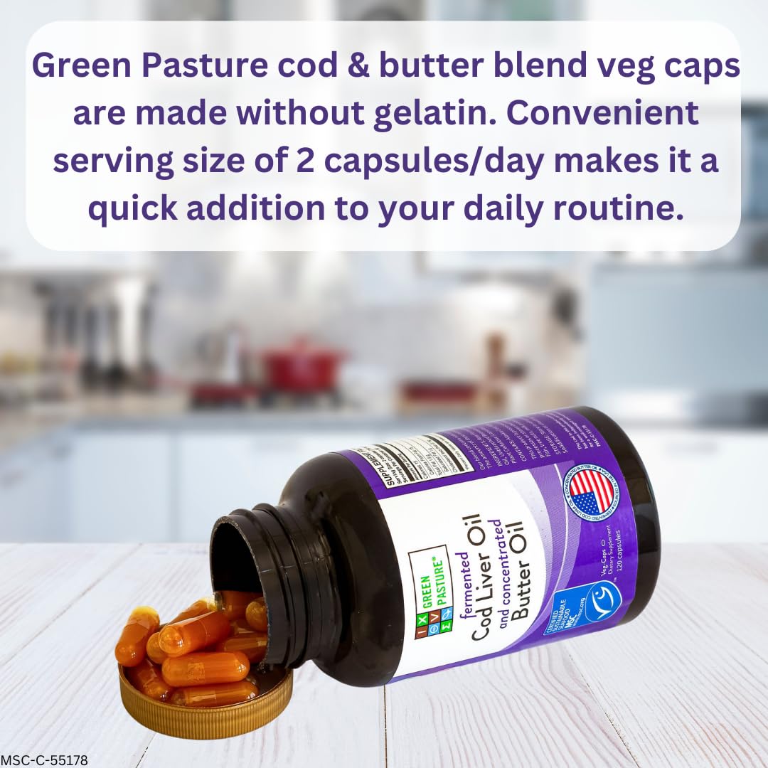Green Pasture Wild Alaska Cod Liver Oil & Butter Oil Capsules side view
