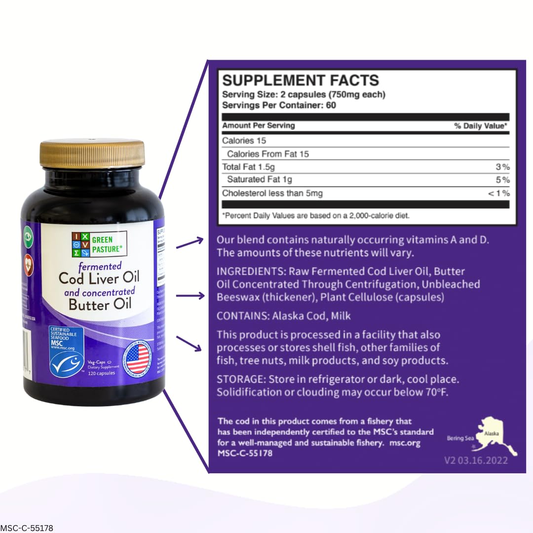 Green Pasture Wild Alaska Cod Liver Oil & Butter Oil Capsules with measuring spoon