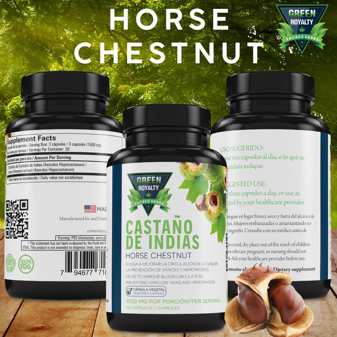GREEN ROYALTY Horse Chestnut Extract 1500mg capsules with a plant background