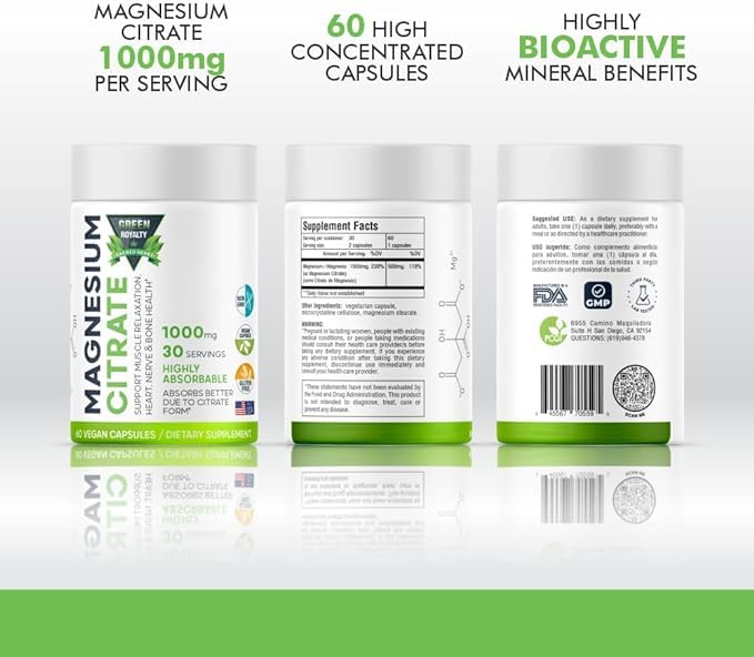 GREEN ROYALTY Magnesium 1000mg capsules in a clear bottle