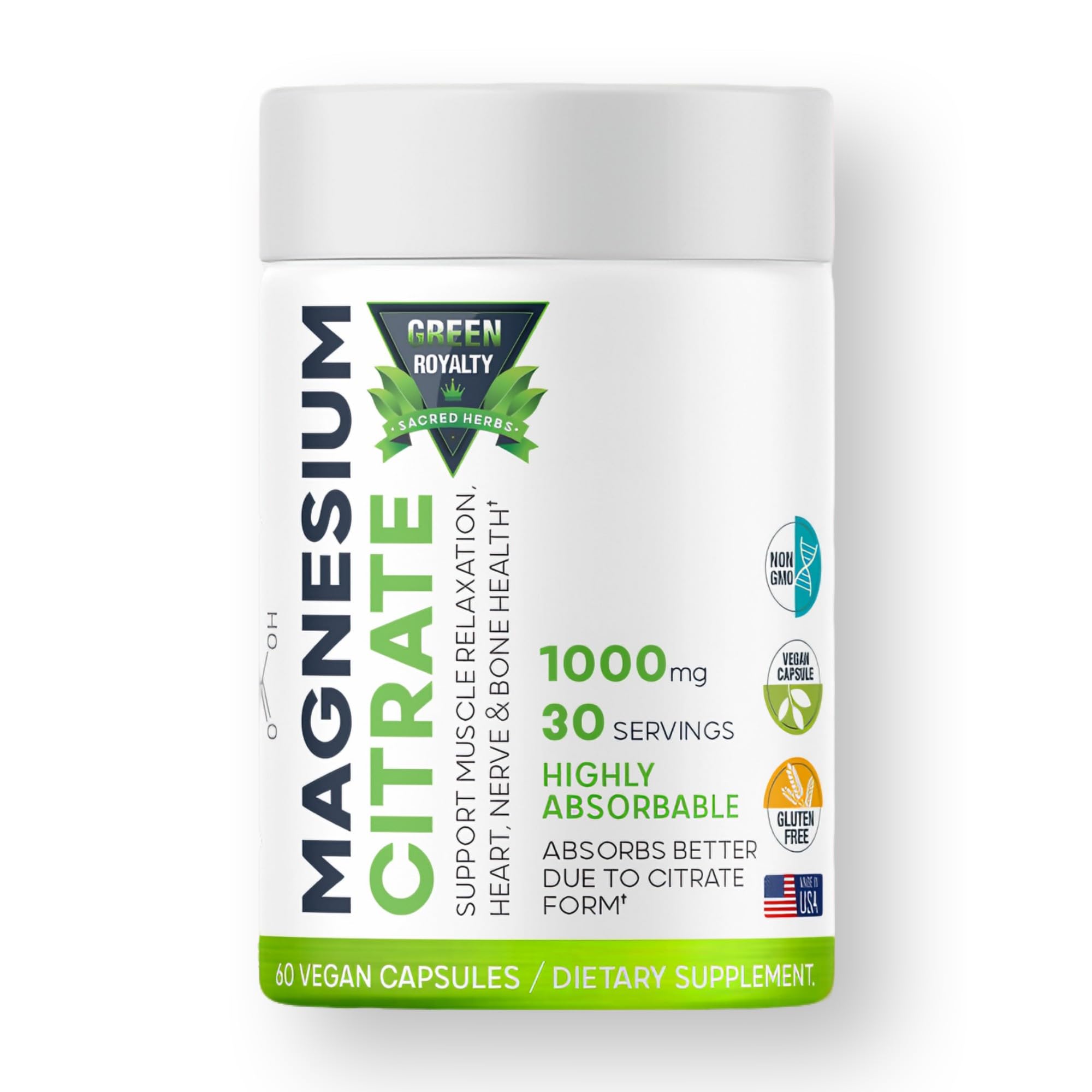 GREEN ROYALTY Magnesium Supplement 1000mg Vegan Capsules front view