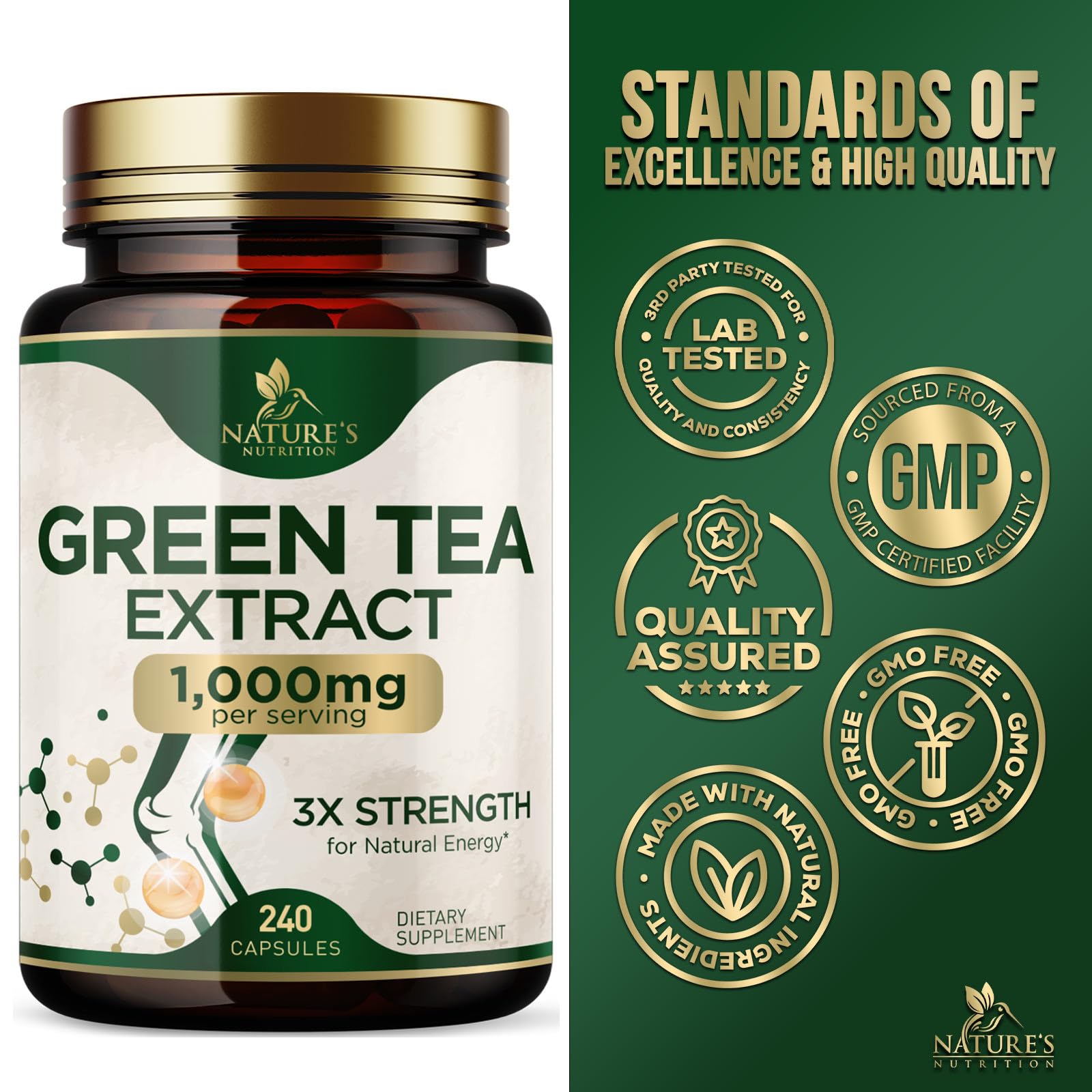 Green Tea Extract capsules in hand for size reference