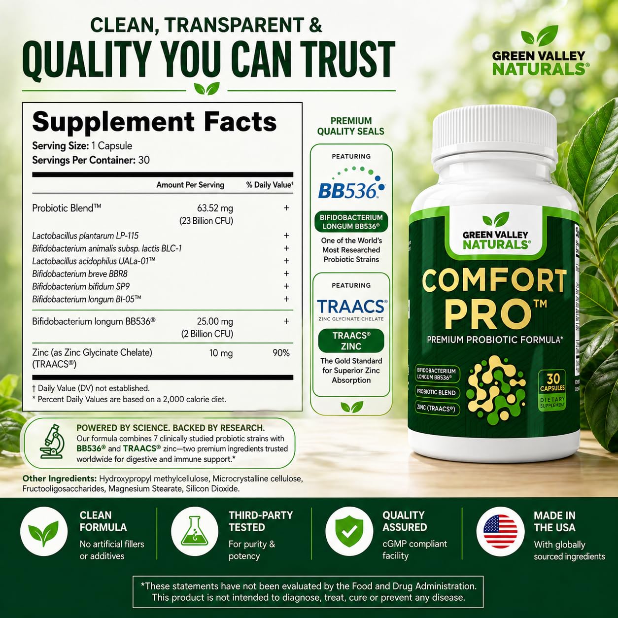 GREEN VALLEY NATURALS ComfortPro Probiotic Supplement with zinc detail