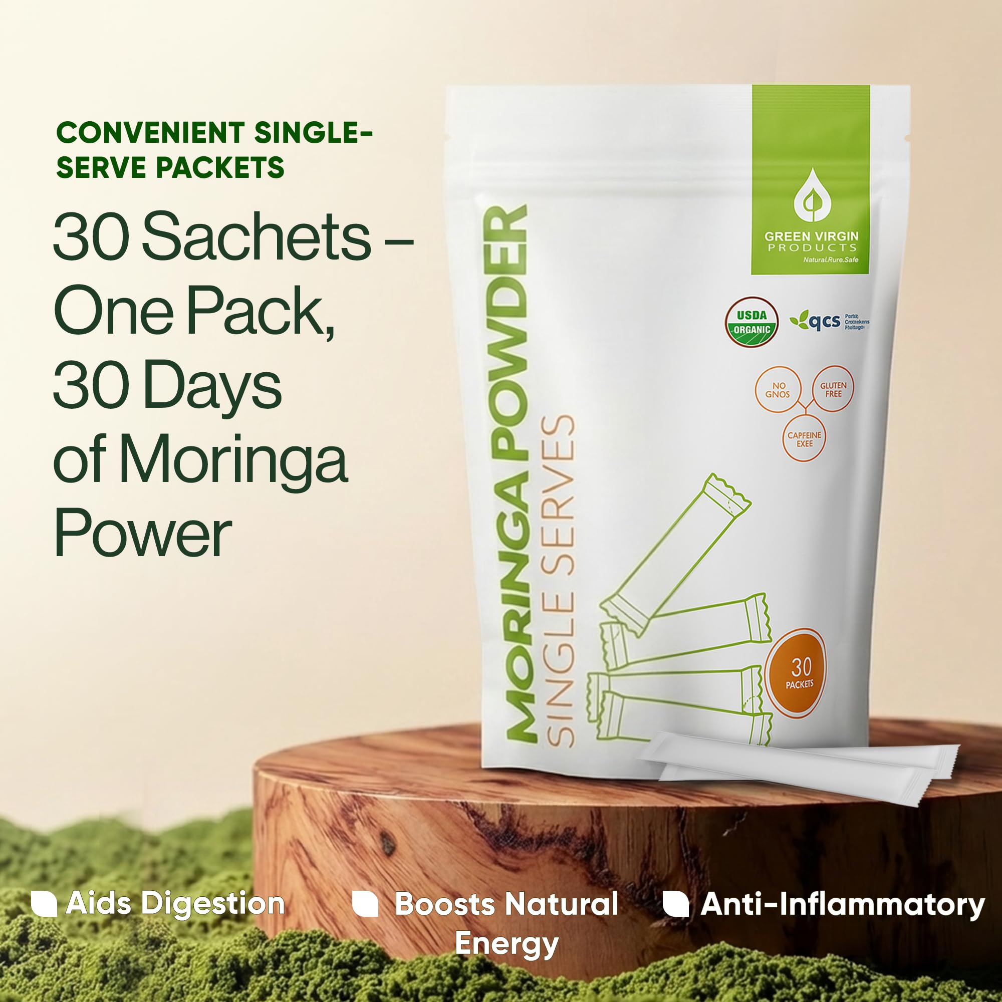 Green Virgin Products Moringa Powder sachet in a travel bag