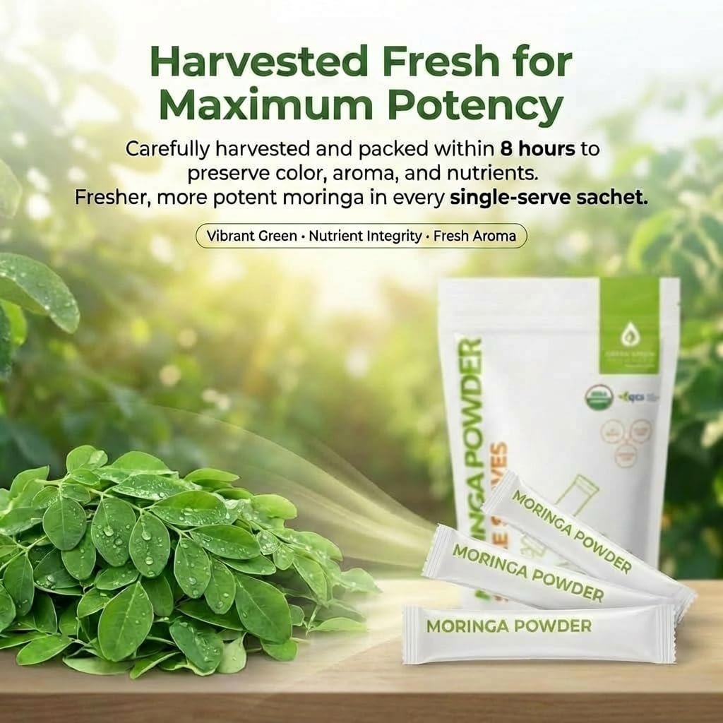 Green Virgin Products Moringa Powder sachet next to a smoothie