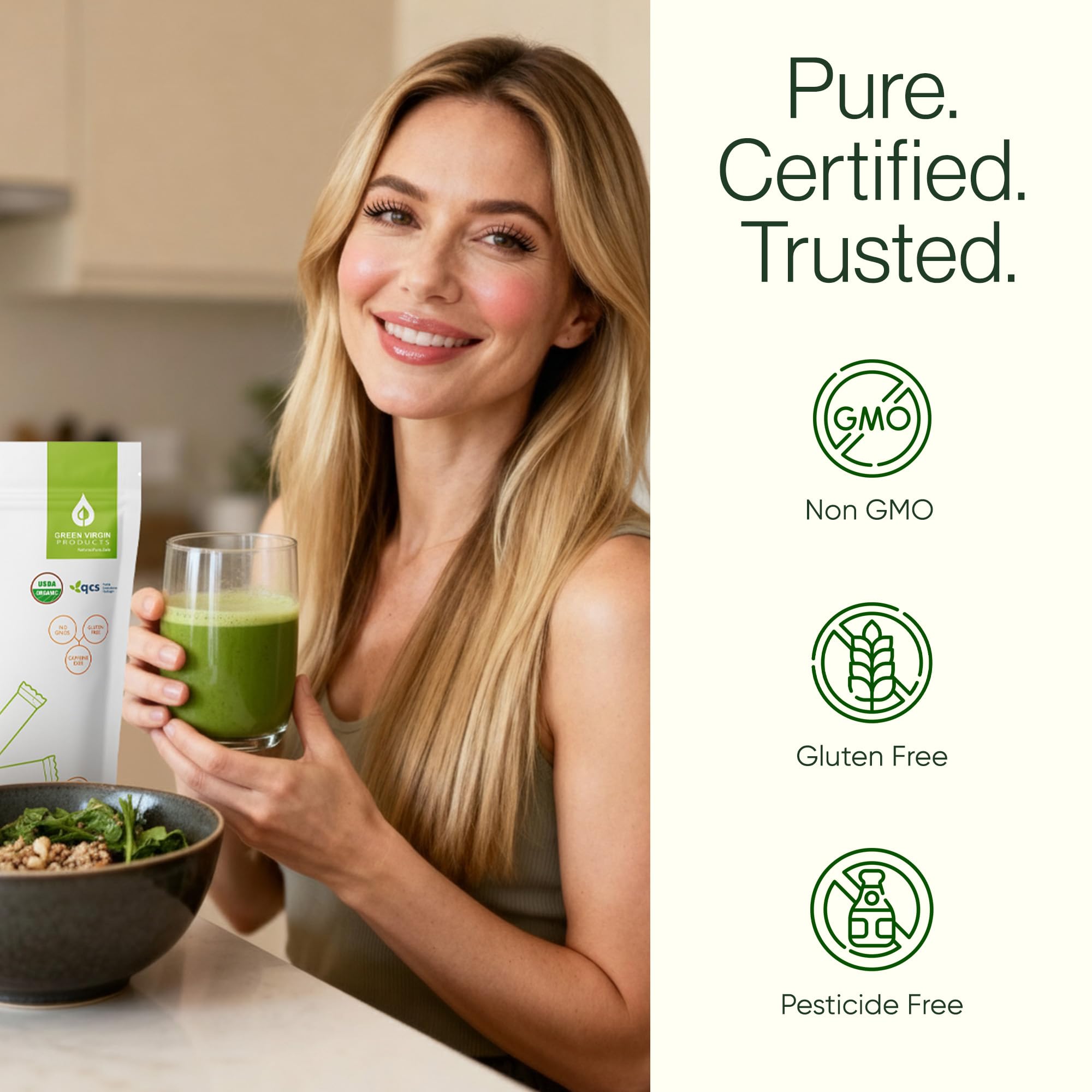 Green Virgin Products Moringa Powder sachet opened with powder visible