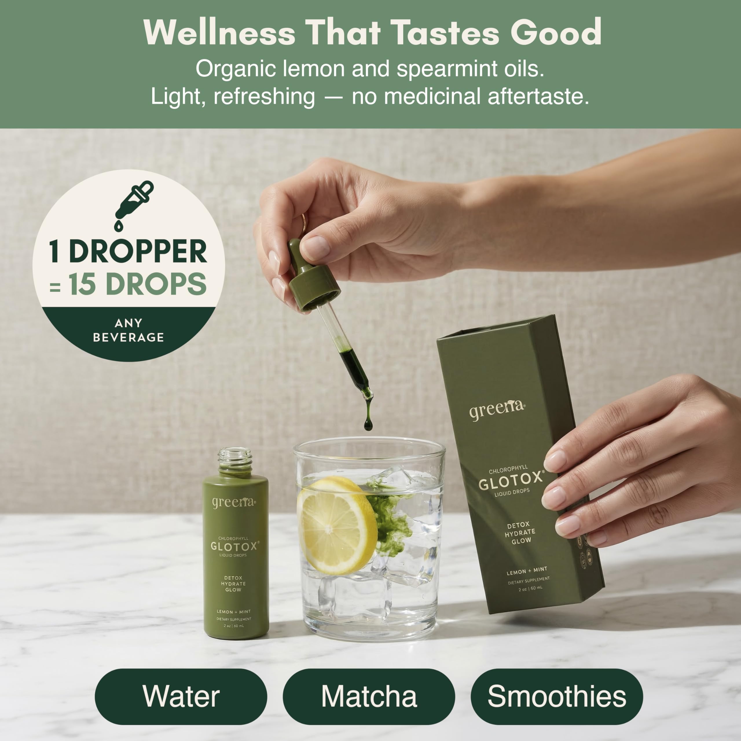 Greena Chlorophyll Drops in a lifestyle setting with water
