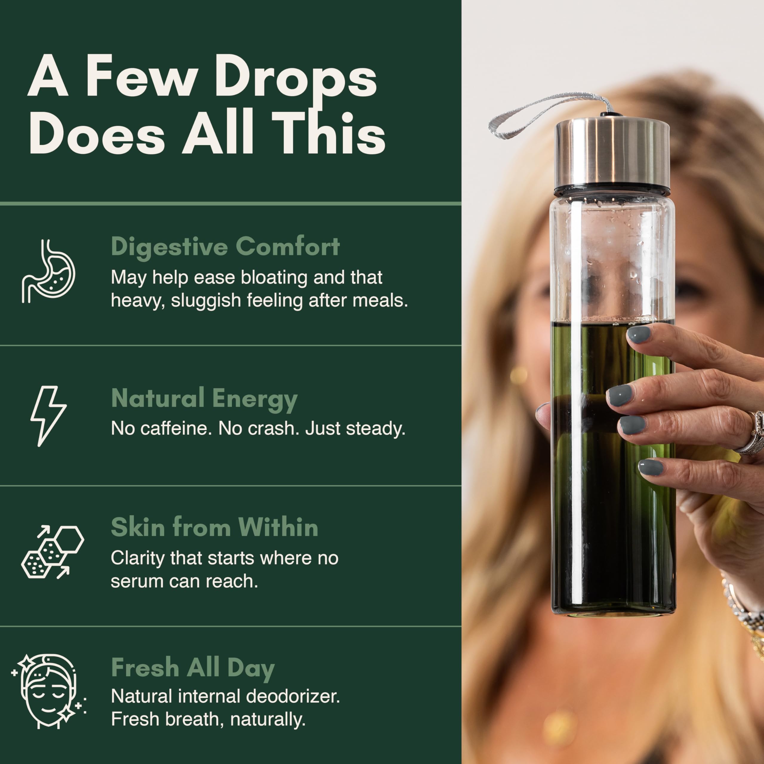 Greena Chlorophyll Drops ingredients list on the bottle