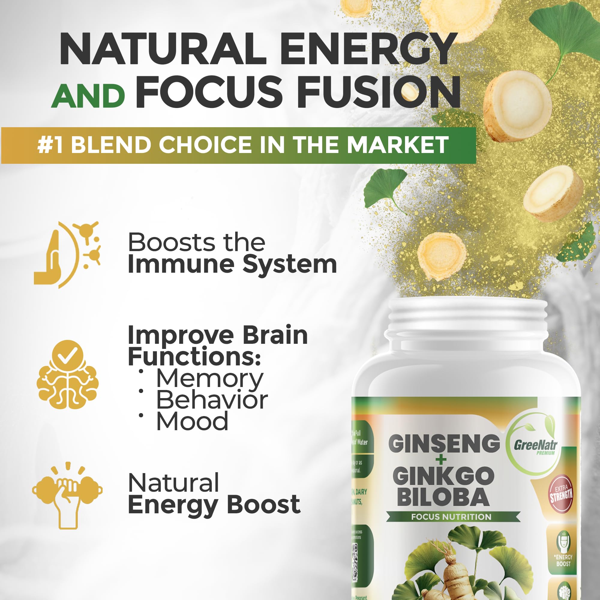 GreeNatr Ginseng Supplement with Ginkgo Biloba tablets on a table