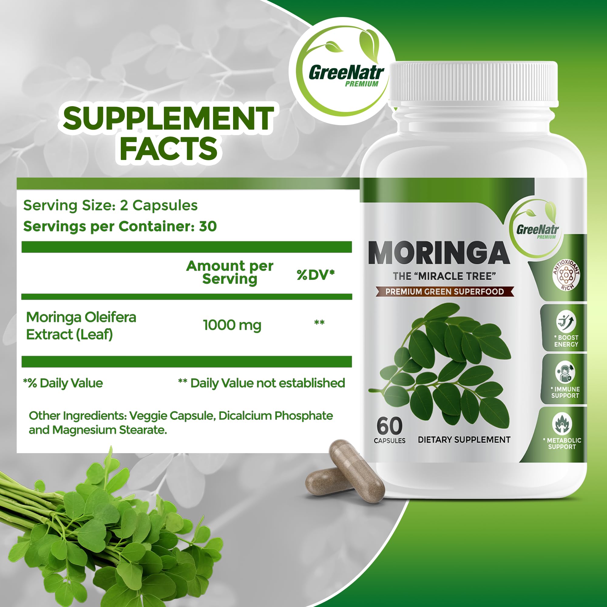 GreeNatr Moringa Oleifera Capsules 500mg on a wooden table