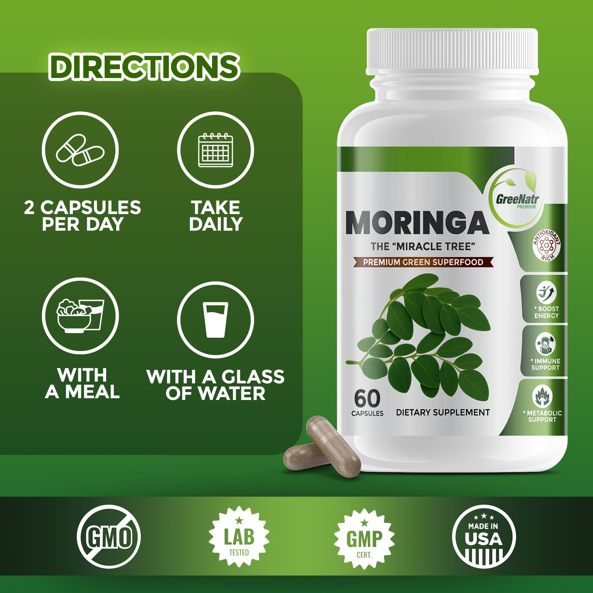 GreeNatr Moringa Oleifera Capsules 500mg with measuring spoon
