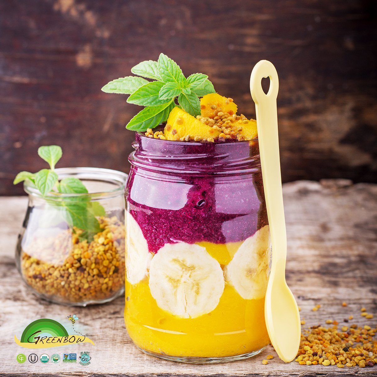 Greenbow Organic Bee Pollen 5g in a bowl with fresh fruits