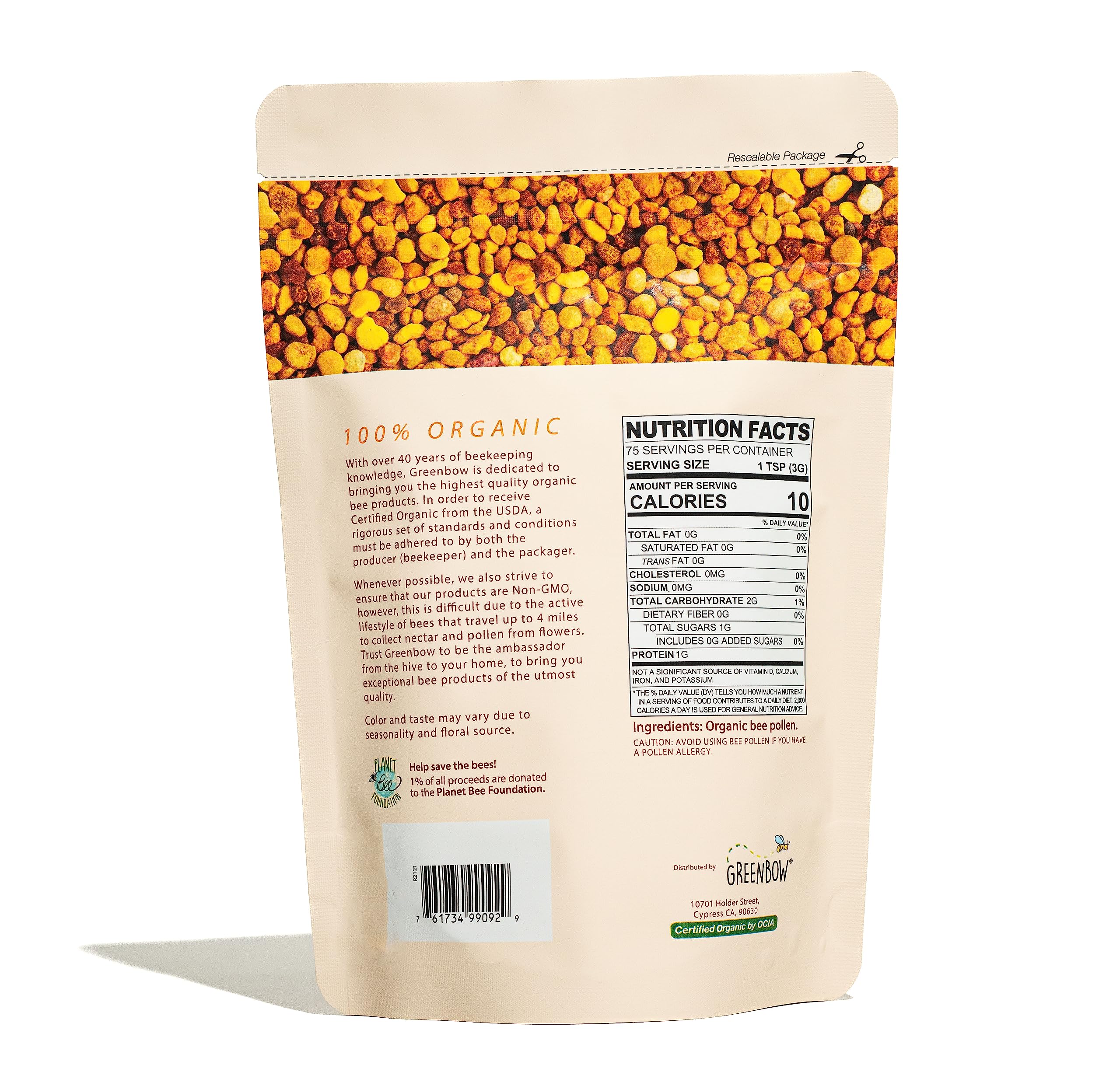 Greenbow Organic Bee Pollen 5g side view showing nutritional information