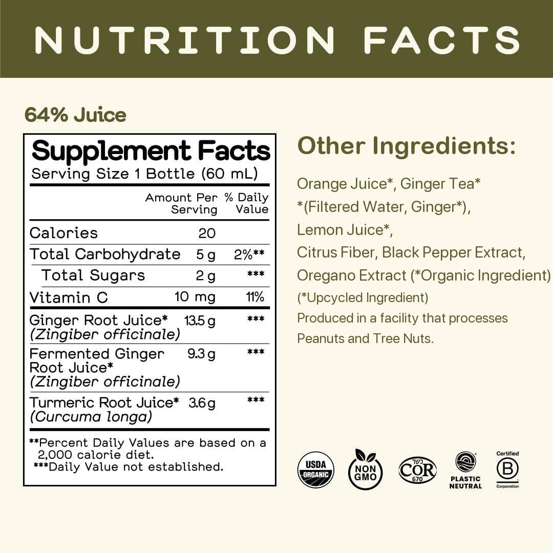 GREENHOUSE JUICE CO. Ginger & Turmeric Shot bottle with ingredients