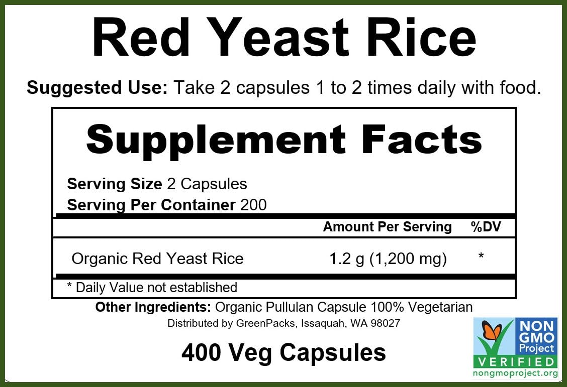 GreenPacks Organic Red Yeast Rice 381g back view with ingredients
