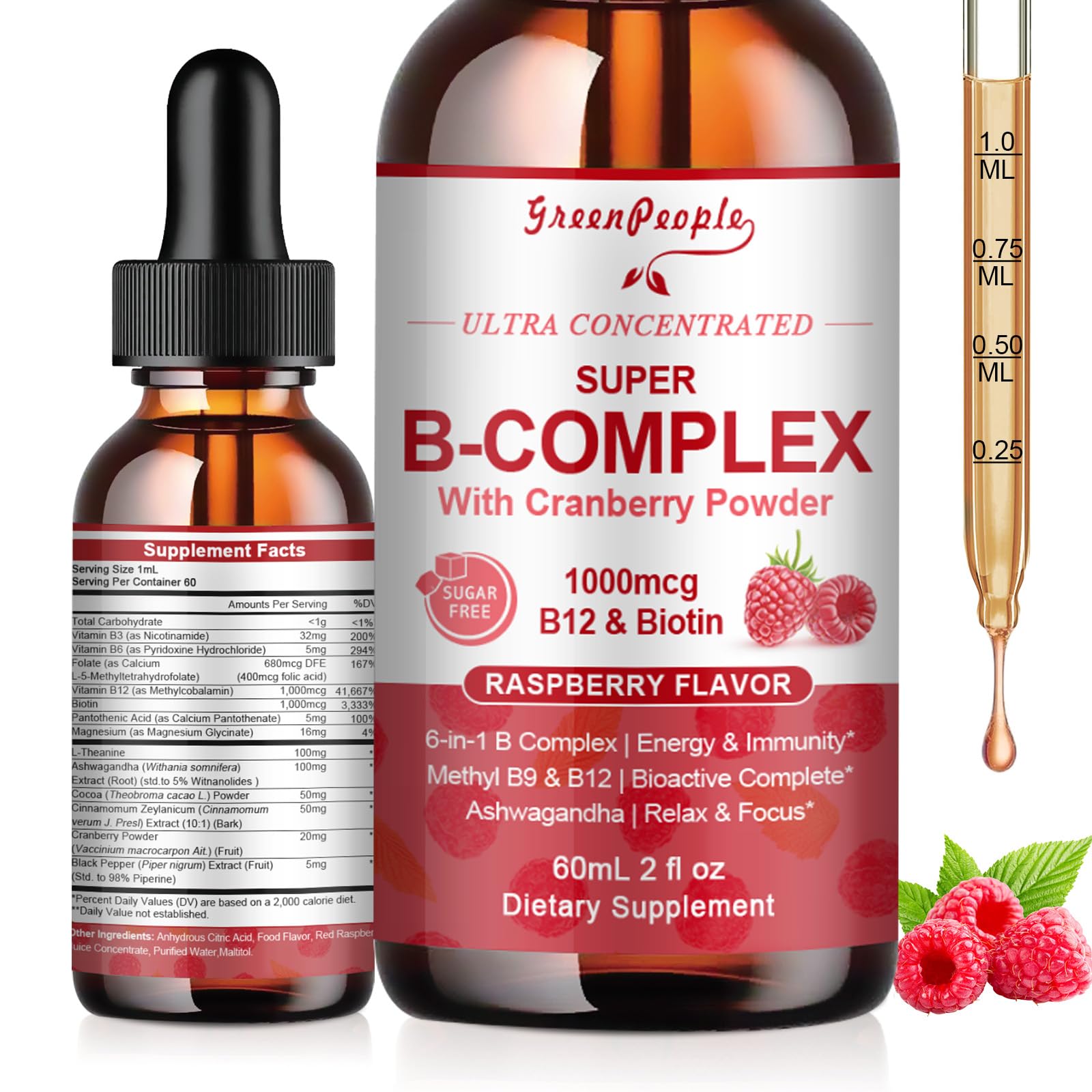 GREENPEOPLE B-Complex Liquid Supplement front view with raspberry flavour