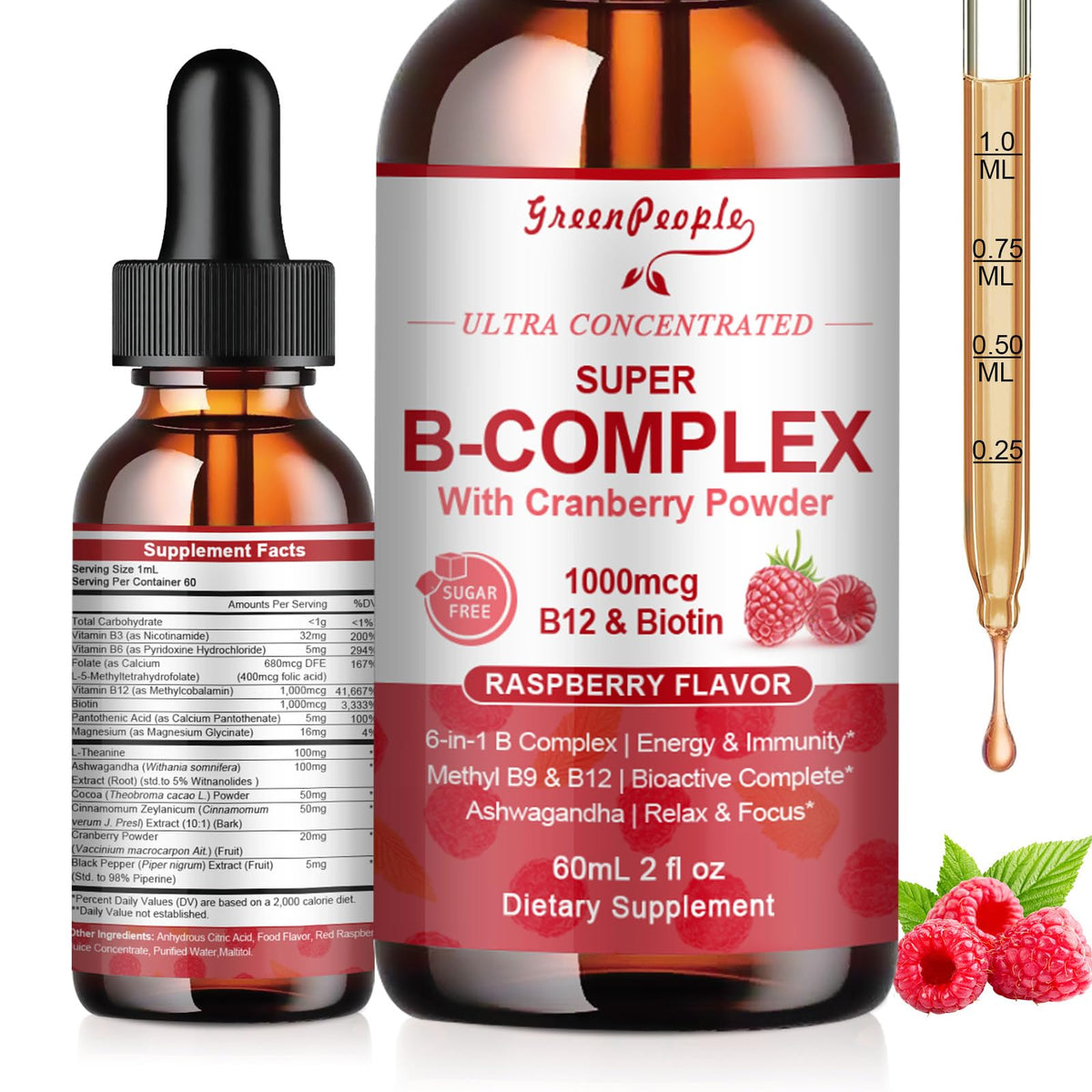 GREENPEOPLE B-Complex Liquid Supplement front view with raspberry flavour