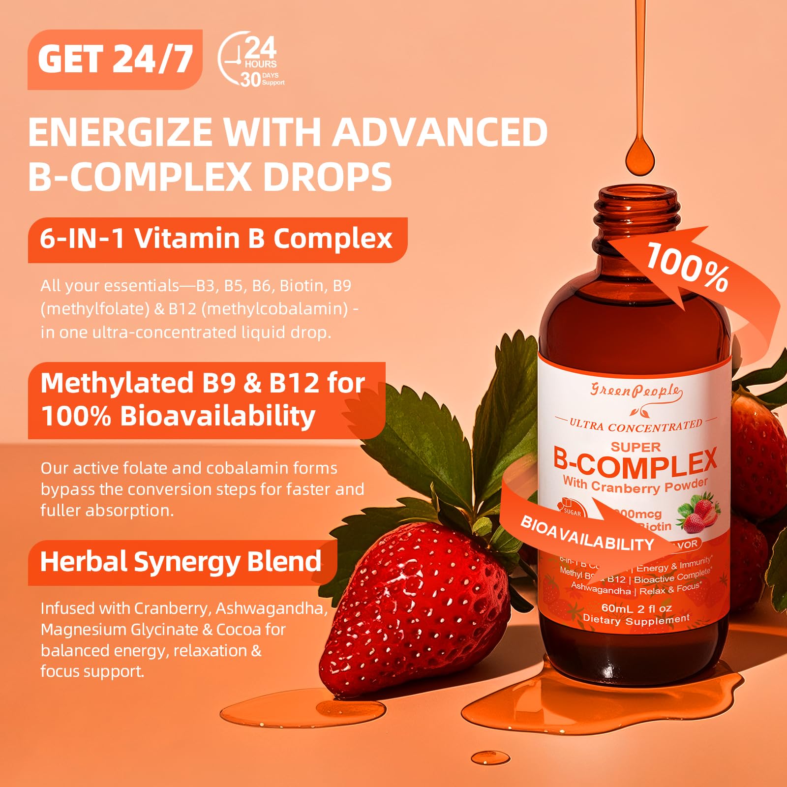 GREENPEOPLE B-Complex Liquid Supplement showing natural strawberry flavour