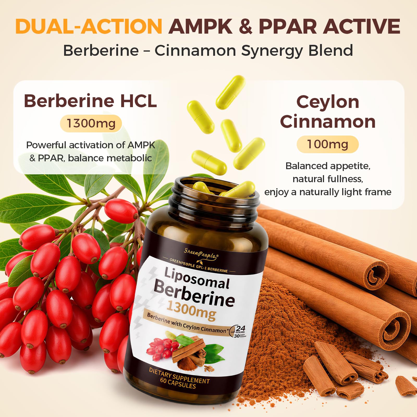 GREENPEOPLE Berberine HCl Supplement 1300mg capsule close-up