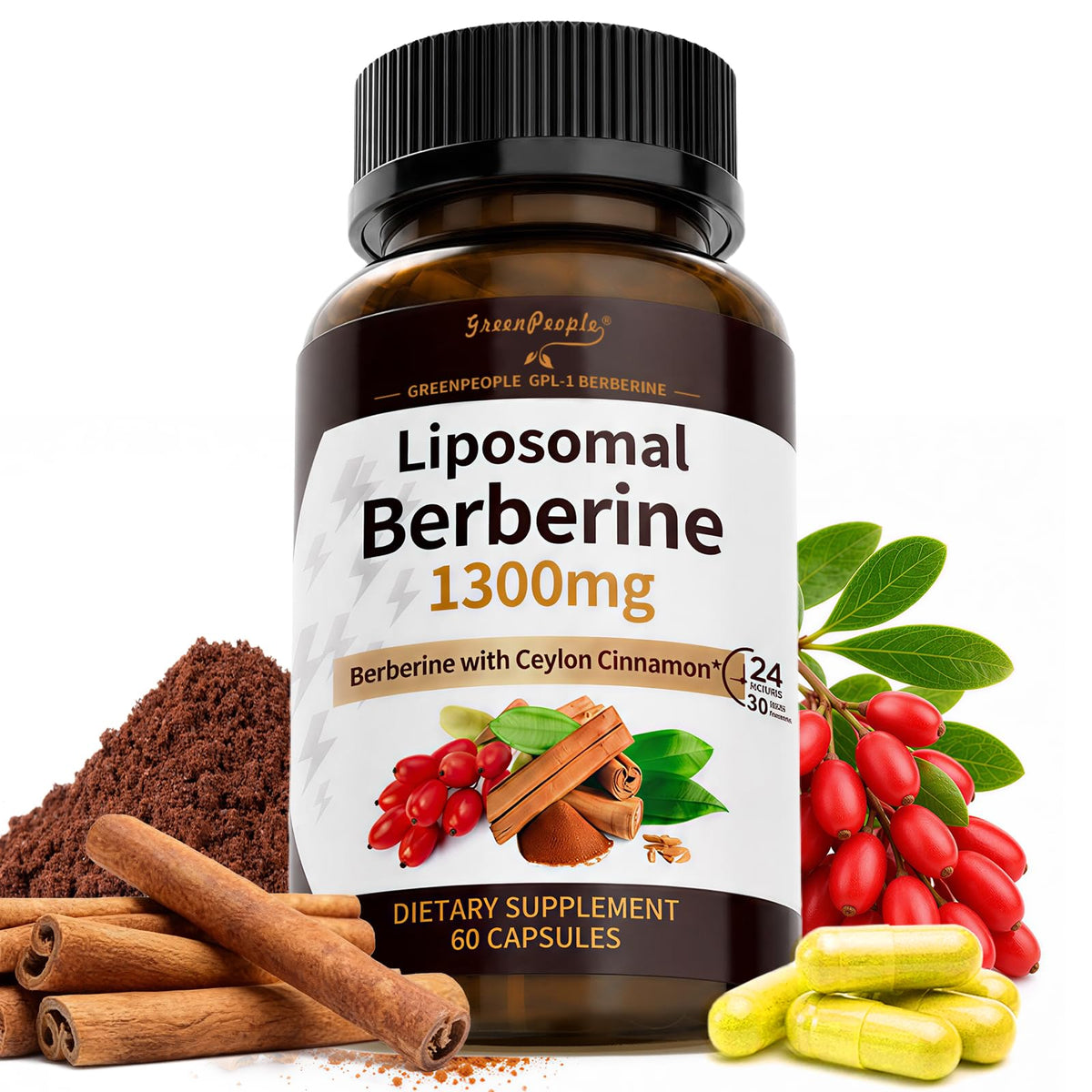 GREENPEOPLE Berberine HCl Supplement 1300mg front view
