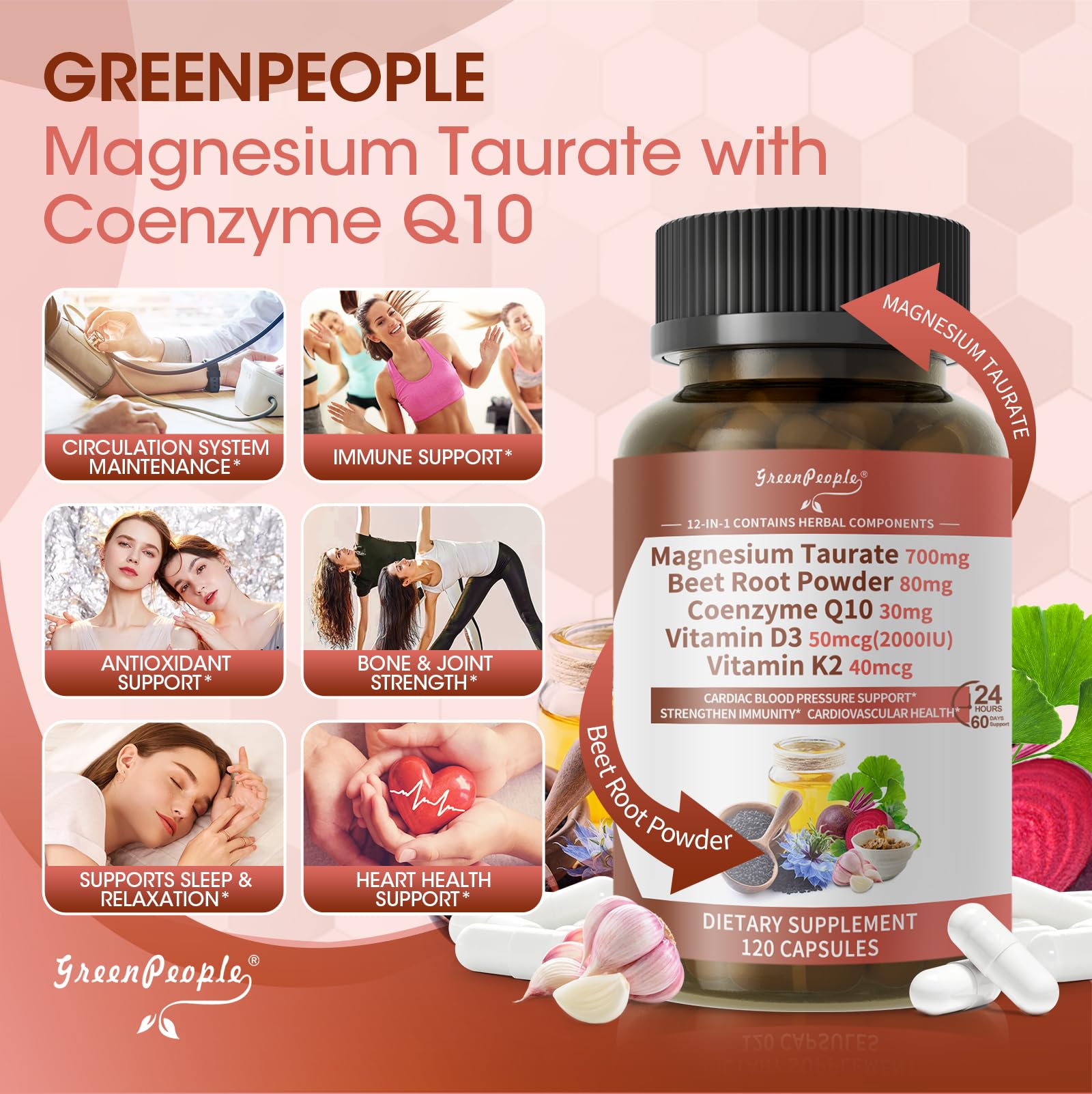 GREENPEOPLE Magnesium Taurate Capsules displayed with natural ingredients