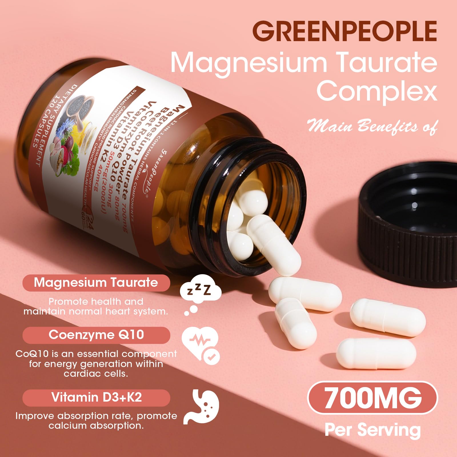 GREENPEOPLE Magnesium Taurate Capsules on a wooden table