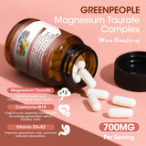 GREENPEOPLE Magnesium Taurate Capsules on a wooden table
