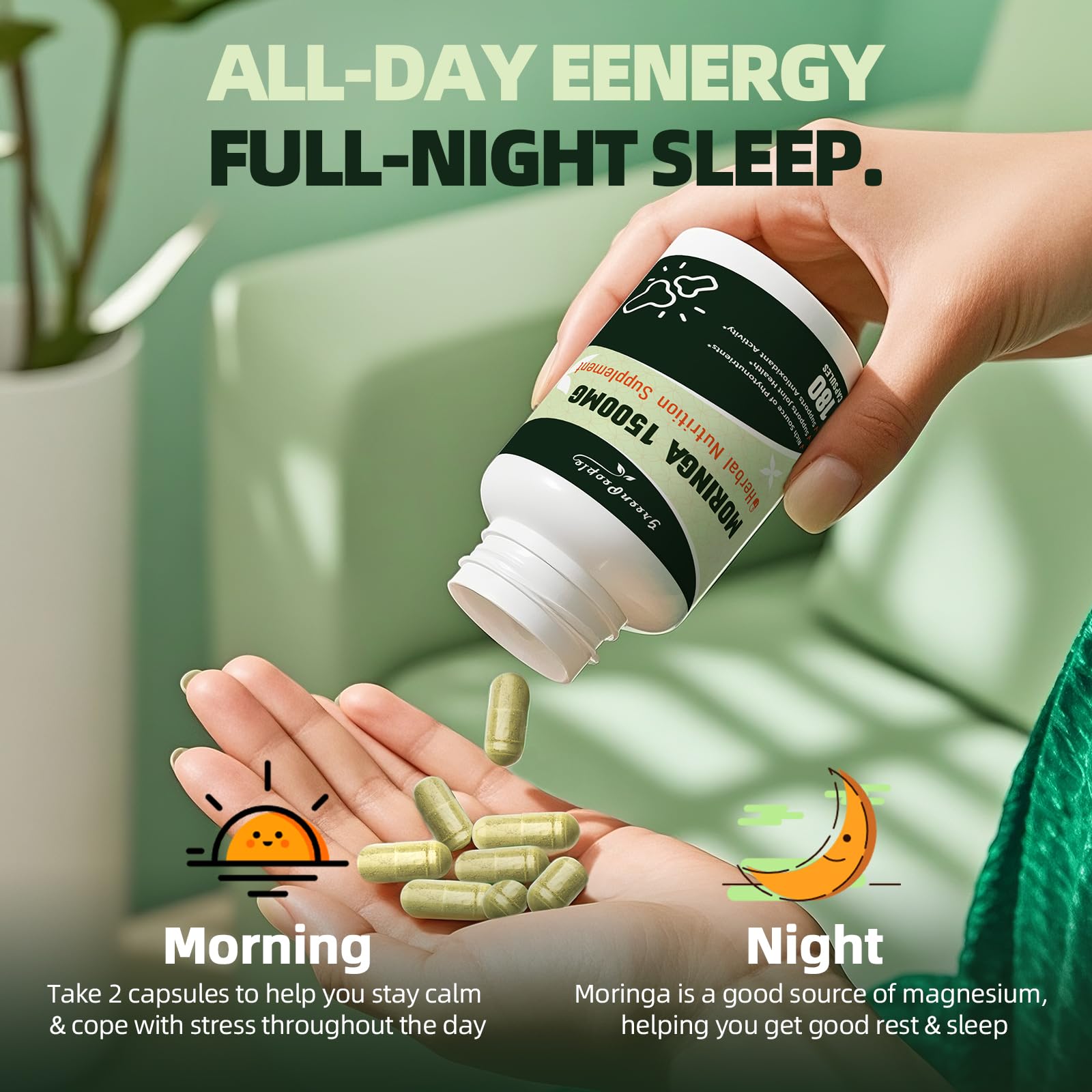 GREENPEOPLE Moringa Capsules displayed with natural ingredients